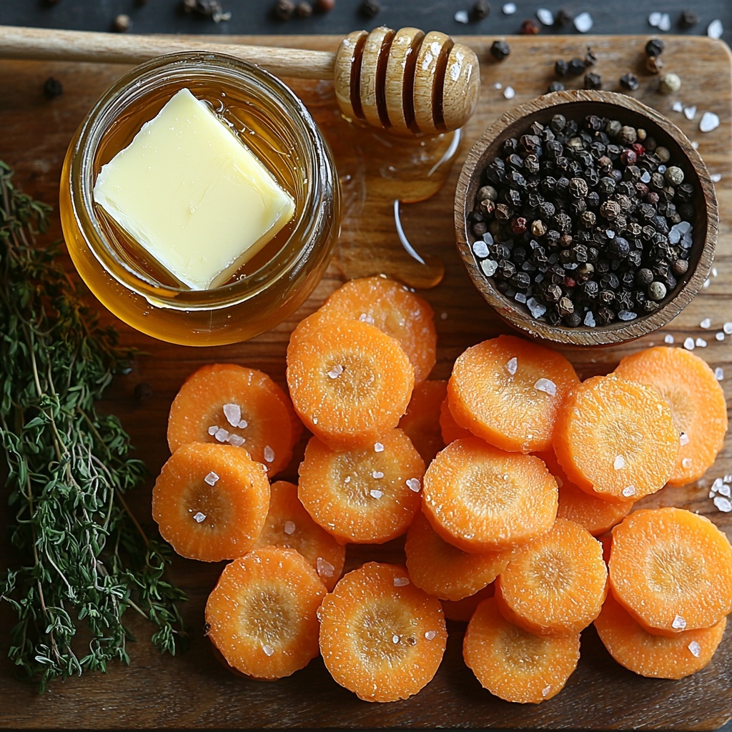 A clean, light wooden surface featuring a vibrant arrangement of bright orange peeled carrot rounds and baby carrots scattered naturally alongside a small mound of golden melted butter in a glass dish. Nearby, a small honey jar with a honey dipper resting beside it adds warm amber tones. Sprinkled sea salt crystals and coarse black peppercorns are artfully placed around, with a tiny wooden spoon holding ground cinnamon showcasing a warm brown hue. Fresh sprigs of bright green thyme and parsley lie delicately on the side, adding a fresh and lively contrast. Soft natural lighting highlights the glossy, glistening textures of the butter and honey coating the carrots, with subtle shadows creating depth. The ingredients are arranged neatly but with a touch of organic messiness to convey freshness and approachability. The overall color palette includes vibrant oranges, warm golds, rich browns, and fresh greens on a minimalist background. Overhead shot, top down view, flat lay photography, professional food styling --ar 1:1 --q 2 --s 750 --v 6.1