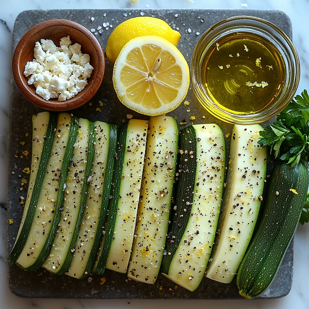 2 medium zucchinis sliced lengthwise into ¼-inch thick strips with vibrant green skin and pale interiors, small bowl of golden olive oil with a smooth, glossy surface, scattered coarse salt crystals, black peppercorns and fine black pepper, light beige garlic powder in a small ceramic dish, bright yellow lemon zest strands and a halved lemon showing juicy, textured pulp, small glass dish of fresh, tangy lemon juice, crumbly white feta cheese chunks in a rustic bowl, a small bunch of fresh bright green chopped parsley leaves, all ingredients carefully arranged spaced out on a clean white marble surface with soft natural light casting gentle shadows, emphasizing fresh colors and contrasting textures, minimalistic and elegant styling with a modern rustic vibe, overhead shot, top down view, flat lay photography, professional food styling --ar 1:1 --q 2 --s 750 --v 6.1