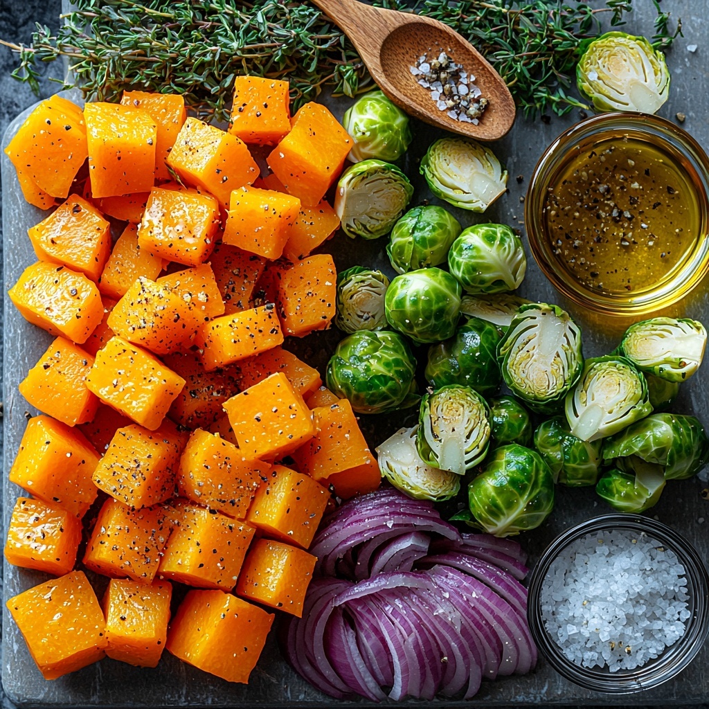 Butternut squash cubes bright orange and vibrant, sliced carrots vivid orange with smooth texture, halved Brussels sprouts deep green with textured leafy layers, chopped red onion pieces purple and white with crisp layering, small glass bowl of golden olive oil glistening, wooden spoon with scattered dried thyme leaves and garlic powder, coarse salt and cracked black pepper sprinkled artistically, all ingredients neatly arranged on a clean white marble surface, natural soft lighting highlighting the fresh colors and contrasting textures, minimal shadows, styled with rustic linen napkin and a sprig of fresh thyme for accent, overhead shot, top down view, flat lay photography, professional food styling --ar 1:1 --q 2 --s 750 --v 6.1