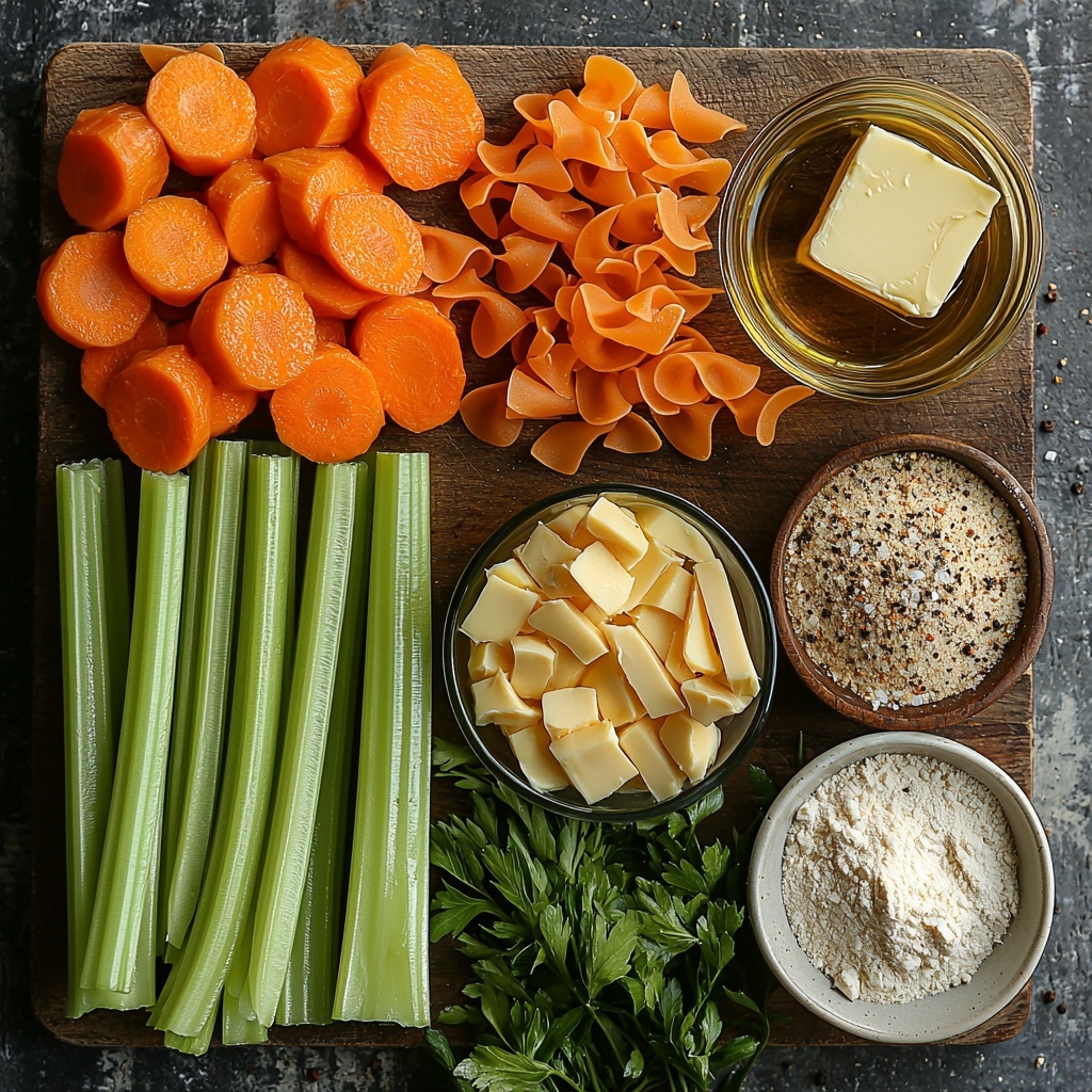 /Imagine prompt: A clean, bright wooden surface with all the main ingredients for creamy chicken noodle soup beautifully arranged in a harmonious flat lay. Two fresh celery sticks finely chopped, vibrant orange carrot pieces peeled and finely chopped, and half a medium onion diced into small chunks. A small glass bowl of golden olive oil beside a pat of creamy butter on a rustic white ceramic dish. Three cloves of garlic, peeled and minced, scattered near a small mound of pale beige flour. A clear glass measuring cup filled with rich, golden chicken broth. Raw boneless, skinless chicken breasts with a smooth, light pink texture resting on a natural wooden board. A small dish of finely chopped fresh bright green parsley leaves. A white ceramic bowl holding coiled, uncooked yellow egg noodles. Sprinklings of Italian seasoning, salt, and freshly ground black pepper elegantly spread around on the surface. All ingredients are arranged neatly with space around each item to highlight colors and textures: fresh greens of celery and parsley, vibrant carrot orange, smooth pale chicken, creamy white butter, and golden broth. Soft natural light casts gentle shadows adding depth, captured with perfect focus to emphasize freshness and detail. Overhead shot, top down view, flat lay photography, professional food styling --ar 1:1 --q 2 --s 750 --v 6.1