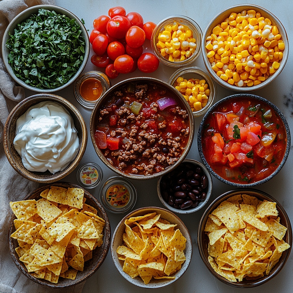 A clean white surface with all main ingredients for slow cooker taco soup artfully arranged in a harmonious flat lay: raw ground beef in a small rustic bowl showcasing its rich red texture, a medium diced onion scattered neatly next to it with some whole onion halves, two colorful packets of ranch dressing mix and taco seasoning placed side by side, a clear glass measuring cup filled with golden chicken broth, a small white bowl of vibrant deep red tomato sauce, a can opened to reveal chunky diced tomatoes with chiles displaying bright reds and hints of green, a bowl of black beans glossy and dark, a small ramekin with bright yellow corn kernels, scattered golden tortilla chips adding crisp texture around the edges, a dollop of creamy white sour cream in a ceramic spoon, and shredded sharp cheddar cheese in a small heap showing rich orange tones. Natural soft daylight illuminates the scene, highlighting the fresh textures and vivid colors, with subtle shadows for depth. Minimal props, neutral linen napkin folded gently nearby for warmth, clean and bright, styled for an inviting, appetizing overview. Overhead shot, top down view, flat lay photography, professional food styling --ar 1:1 --q 2 --s 750 --v 6.1