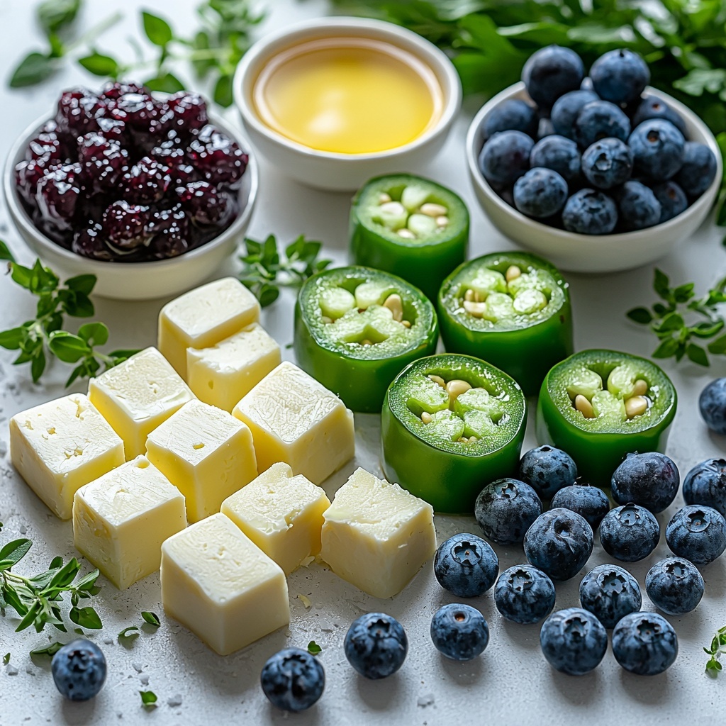 10 to 12 halved, seeded fresh jalapeños with vibrant green skin and smooth, glossy texture arranged neatly on a clean white surface, scattered small cubes of creamy, soft brie cheese with off-white, slightly yellowish tones placed around them. Small bowls containing deep purple-blue blueberry preserves and fresh plump blueberries with a natural matte finish positioned artfully nearby. A small drizzle bowl of golden honey glistening under soft light. Finely chopped light brown walnuts or pecans sprinkled delicately in a small heap. Thin strands of bright yellow lemon zest scattered sparingly. A small pinch of coarse sea salt crystals catching light subtly. Sprigs of fresh green thyme and parsley leaves adding a touch of fresh herbal vibrancy to the arrangement. The ingredients are styled with natural, diffused lighting emphasizing the varied textures—creamy cheese, glossy preserves, matte blueberries, and crunchy nuts—creating an inviting, colorful, and balanced composition on a pristine surface. overhead shot, top down view, flat lay photography, professional food styling --ar 1:1 --q 2 --s 750 --v 6.1