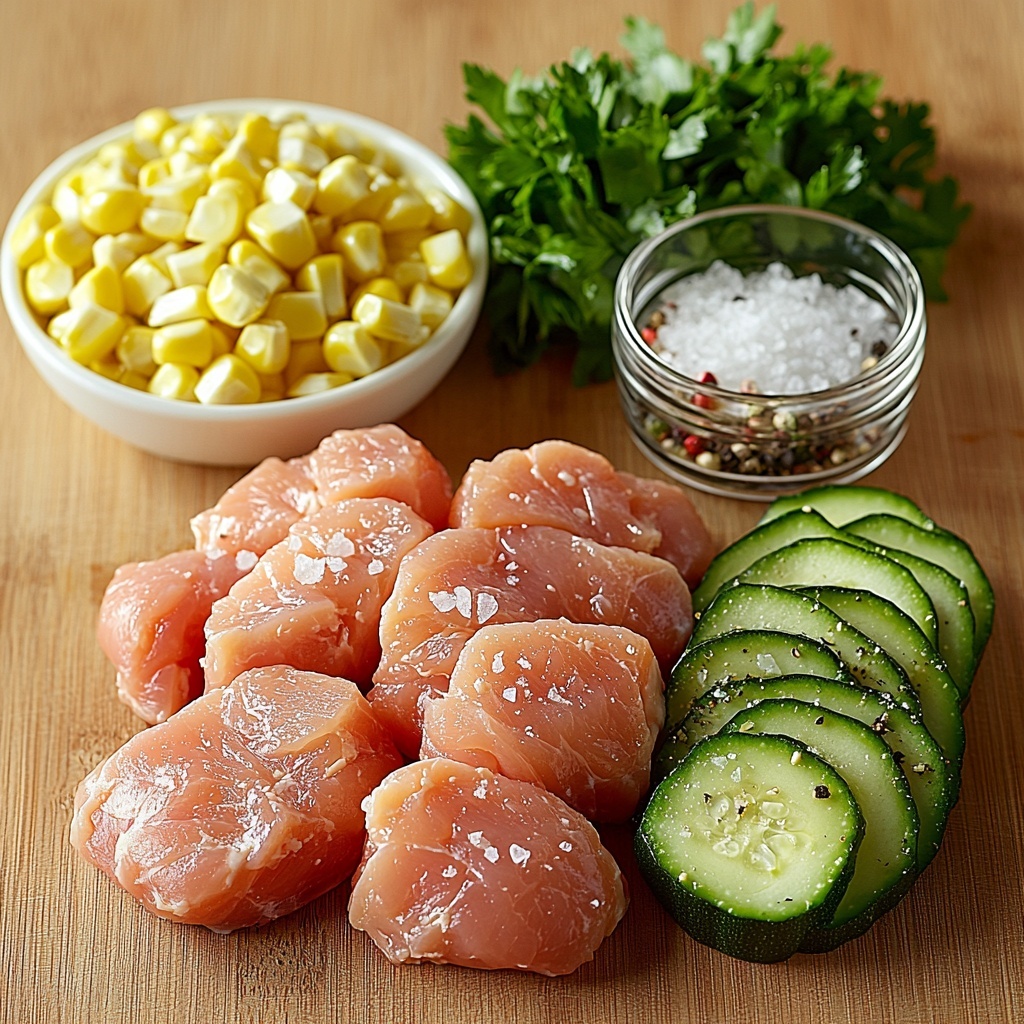 4 boneless skinless chicken breasts raw, plump and pale pink; 4 tablespoons creamy golden garlic butter in a small glass dish; 2 medium zucchinis thinly sliced into bright green rounds with textured skin and pale inner flesh; 1 cup fresh yellow corn kernels scattered loosely in a small white bowl; coarse salt crystals and black peppercorns sprinkled artistically on a clean white surface; a small bunch of vibrant fresh green parsley with delicate leaves placed nearby for garnish; all ingredients neatly arranged on a clean light wooden surface with soft natural lighting highlighting the contrasting colors and textures, subtle shadows for depth, minimalistic styling emphasizing freshness and simplicity, overhead shot, top down view, flat lay photography, professional food styling --ar 1:1 --q 2 --s 750 --v 6.1