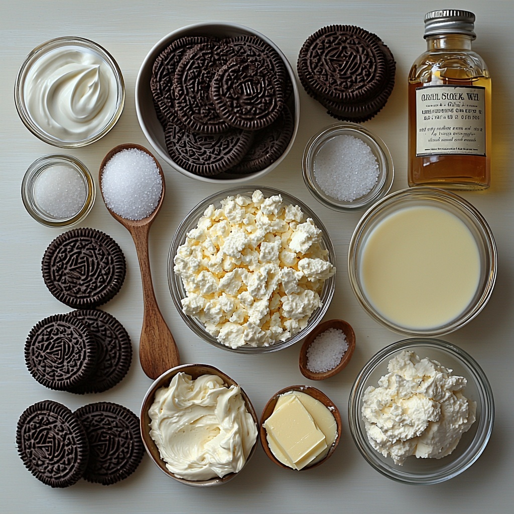 24 Oreo cookies whole and crushed piles, 16 ounces creamy softened cream cheese in a small bowl with a smooth surface, white granulated sugar in a clear glass measuring cup, sour cream in a white ceramic bowl showing its thick texture, a small glass bottle of vanilla extract with dark liquid inside, a half cup of heavy cream in a transparent glass, 1/4 cup melted golden butter in a small metal bowl, a tiny pinch of salt in a wooden spoon. All ingredients neatly arranged on a bright clean white surface with soft natural lighting to enhance the contrasting textures of crumbly Oreos, creamy cheese, and glossy liquids. Minimal shadows, subtle reflections on glass bowls, balanced spacing creating a harmonious composition. Overhead shot, top down view, flat lay photography, professional food styling --ar 1:1 --q 2 --s 750 --v 6.1