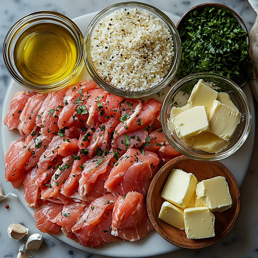 2 large raw chicken breasts, fresh and plump, sliced into bite-sized strips; 4 cloves of garlic, peeled and minced finely; small glass bowl with golden olive oil; creamy sticks of butter on a white ceramic dish; a small clear bowl of bright yellow lemon juice; a glass measuring cup filled with light brown chicken broth; a small bowl overflowing with freshly grated white Parmesan cheese; a cup of uncooked long-grain white rice with smooth grains visible; a small bowl of thick, white heavy cream; a heap of finely chopped vibrant green fresh parsley; scattered grains of coarse salt, black peppercorns, and crushed red pepper flakes artfully sprinkled nearby. All ingredients are arranged neatly on a clean white marble surface, spaced evenly to emphasize color and texture contrasts. Soft natural light highlights the glossy sheen of the olive oil, the creamy textures of butter and cream, the fresh brightness of lemon juice and parsley, and the tender raw chicken’s pale pink hues. Minimal shadows, subtle rustic props like a wooden spoon and linen napkin provide cozy warmth. The overall composition is balanced, clean, and inviting, perfect for an overhead shot, top down view, flat lay photography, professional food styling --ar 1:1 --q 2 --s 750 --v 6.1