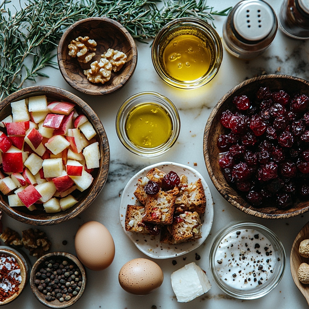 A clean white marble surface neatly arranged with the main ingredients for cranberry apple walnut stuffing: a small glass bowl of extra virgin olive oil with a golden sheen, a wooden bowl filled with finely chopped translucent onion pieces, a small plate of bright red diced apple cubes, two cloves of garlic with papery white skin peeled halfway, a sprig of fresh green rosemary needles alongside some mixed thyme sprigs, a rustic loaf of cranberry walnut bread cut into perfect 1-inch cubes showcasing swirls of red cranberries and walnut chunks, a single fresh brown egg resting beside a small clear glass bowl of creamy off-white heavy cream, a small white ramekin with pale golden chicken stock, a tiny wooden spoon resting on a dish sprinkled with coarse white salt and freshly ground black pepper specks, and a matte olive oil spray can. The ingredients are spaced evenly with gentle overlaps, natural light casting soft shadows enhancing the textures from glossy liquids to rough bread surfaces, styled with a touch of rustic elegance and minimal clutter, overhead shot, top down view, flat lay photography, professional food styling --ar 1:1 --q 2 --s 750 --v 6.1