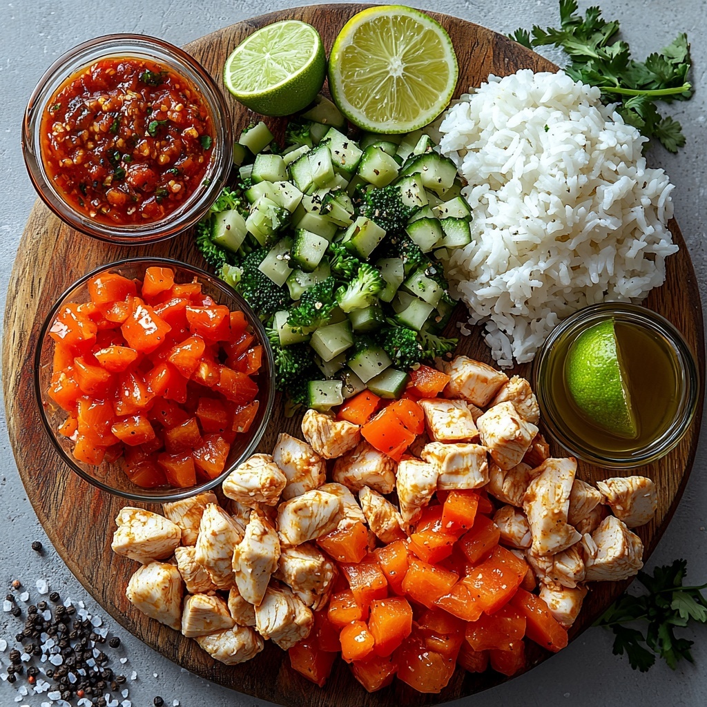 a flat lay of ingredients for a sweet chili chicken bowl arranged neatly on a clean white surface: 2 cups fluffy cooked white rice in a small clear bowl, diced raw chicken breast pieces scattered on a rustic wooden cutting board, a small glass bowl of glossy vibrant red sweet chili sauce, a colorful pile of fresh mixed vegetables including bright red bell peppers, orange carrot slices, and green broccoli florets, a small white ramekin filled with smooth creamy white coconut milk, a fresh lime cut in half with one half juiced and the other showing bright green flesh, a small glass dish of golden olive oil, coarse salt crystals and black peppercorns loosely spilled next to each other, lime wedges arranged artistically on the side; natural soft daylight highlighting the rich colors and varied textures, slight shadows adding depth, minimalistic styling with clean lines and some fresh herbs for a pop of green, overhead shot, top down view, flat lay photography, professional food styling --ar 1:1 --q 2 --s 750 --v 6.1