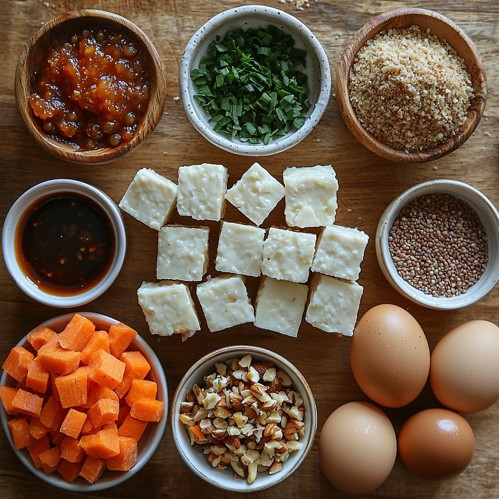 A clean, light wooden surface arranged with the main ingredients for vegetarian meatloaf: a small bowl of glossy extra virgin olive oil, a medium onion diced into neat cubes, two cloves of garlic finely minced on a white ceramic spoon, a diced medium carrot with bright orange chunks, a cluster of chopped baby mushrooms showing soft browns and creamy whites, a small heap of mixed Italian seasoning herbs, a tiny mound of smoky red paprika powder, fine grains of salt and coarsely ground black pepper in tiny porcelain spoons, a drained can of lentils displaying beige lentils in a shallow glass bowl, a neat cup of golden breadcrumbs, toasted walnuts with rich brown ridged textures in a rustic wooden bowl, a large brown egg resting whole on the surface, a small bowl of dark Worcestershire sauce, a vibrant red bowl of ketchup, and a bowl with glossy dark reddish-brown BBQ sauce nearby. The ingredients are spaced evenly with natural light casting soft shadows, styled with a balance of rustic charm and modern minimalism, emphasizing varied textures and warm earthy tones. Overhead shot, top down view, flat lay photography, professional food styling --ar 1:1 --q 2 --s 750 --v 6.1