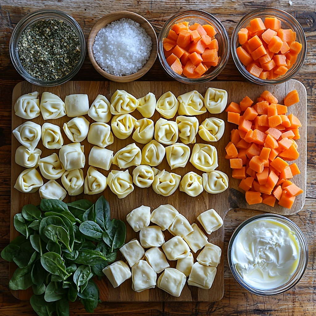 a clean, light-colored wooden surface neatly arranged with the main ingredients for creamy tortellini minestrone soup: a small bowl of extra virgin olive oil with a golden sheen, a small pile of diced white onion showing fine, translucent cubes, two cloves of garlic finely chopped with their papery skins beside them, medium-sized bright orange carrot pieces peeled and diced, three crisp celery ribs chopped into uniform green segments, a small mound of diced zucchini with pale green skin and creamy white flesh, a small heap of reddish tomato paste with a smooth, glossy texture, two open cans of diced tomatoes displaying vibrant red chunks and juice, a clear glass measuring cup filled with golden vegetable stock, a bowl of drained white kidney beans (cannellini) with a creamy matte surface, a small wooden spoon holding Italian seasoning with mixed green and brown dried herbs, a small white bowl of coarse salt crystals, a tiny dish of ground black pepper showing fine dark specks, a rustic pile of fresh, uncooked tortellini pasta with smooth, pale yellow dough and folded shapes, a clear glass container of heavy cream with a glossy, thick texture, fresh bright green baby spinach leaves scattered loosely, a wedge of parmesan cheese with a rough textured rind and some grated cheese beside it, and a small bunch of finely chopped fresh parsley with vivid green color. All ingredients spaced evenly and artfully with natural light casting soft shadows, emphasizing fresh textures and vibrant colors, styled for an inviting, rustic kitchen feel. overhead shot, top down view, flat lay photography, professional food styling --ar 1:1 --q 2 --s 750 --v 6.1