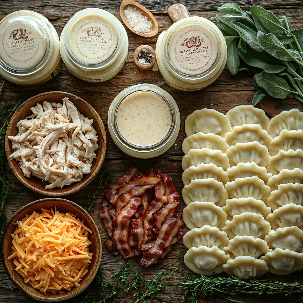 Frozen classic cheddar pierogies, thawed, arranged in a neat stack showing their smooth, pale dough and slightly crinkled edges; two jars of creamy Alfredo sauce with white, glossy texture and rustic label lying beside the pierogies; a bowl of shredded cooked chicken showcasing tender, light beige pieces with fibrous texture; a small pile of cooked chopped bacon displaying rich, crispy reddish-brown bits with glistening fat; a scattering of bright orange shredded cheddar cheese with a soft crumbly texture; a small bowl of ranch dressing mix as fine, off-white powder; all ingredients carefully spaced on a clean, light wooden surface with soft natural light, subtle shadows, and minimal props to enhance freshness and color contrasts, styled with a casual yet organized vibe, focus on textures and vibrant hues, overhead shot, top down view, flat lay photography, professional food styling --ar 1:1 --q 2 --s 750 --v 6.1