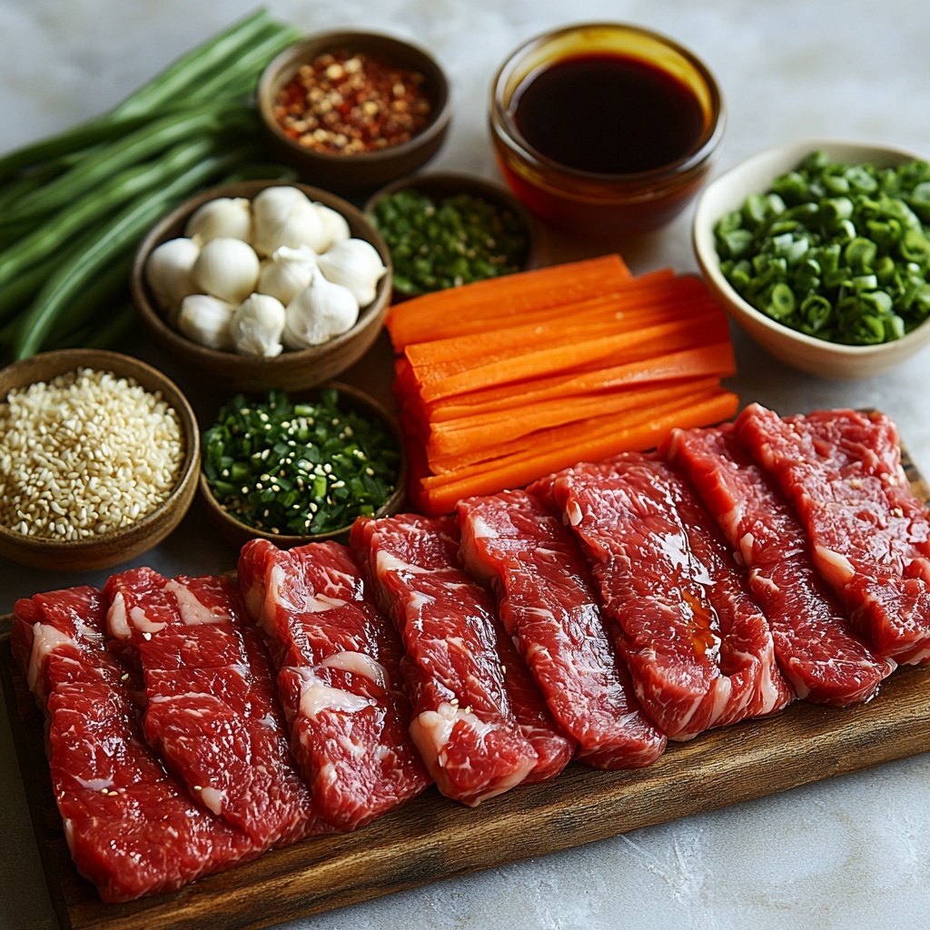 /beef flank steak thinly sliced raw rich red marbled texture arranged in neat slices alongside small bowls of glossy dark soy sauce and thick hoisin sauce, a small glass container of amber honey and a small bowl of golden sesame oil, fresh whole garlic cloves peeled and minced cloves, a small pile of finely grated pale yellow fresh ginger, crisp bright red bell pepper strips, vibrant green broccoli florets with texture, thin orange carrot julienne sticks, fresh snap peas with smooth shiny snap pods, chopped green onions with crisp white and green rings scattered neatly, a small bowl of ivory white sesame seeds, a bowl of fluffy steamed white rice with soft texture on the side. All ingredients arranged artfully on a clean white surface with natural light highlighting the vivid colors and fresh textures. Minimalist styling, soft shadows, slight rustic wooden board as background accent, clean and inviting look. overhead shot, top down view, flat lay photography, professional food styling --ar 1:1 --q 2 --s 750 --v 6.1