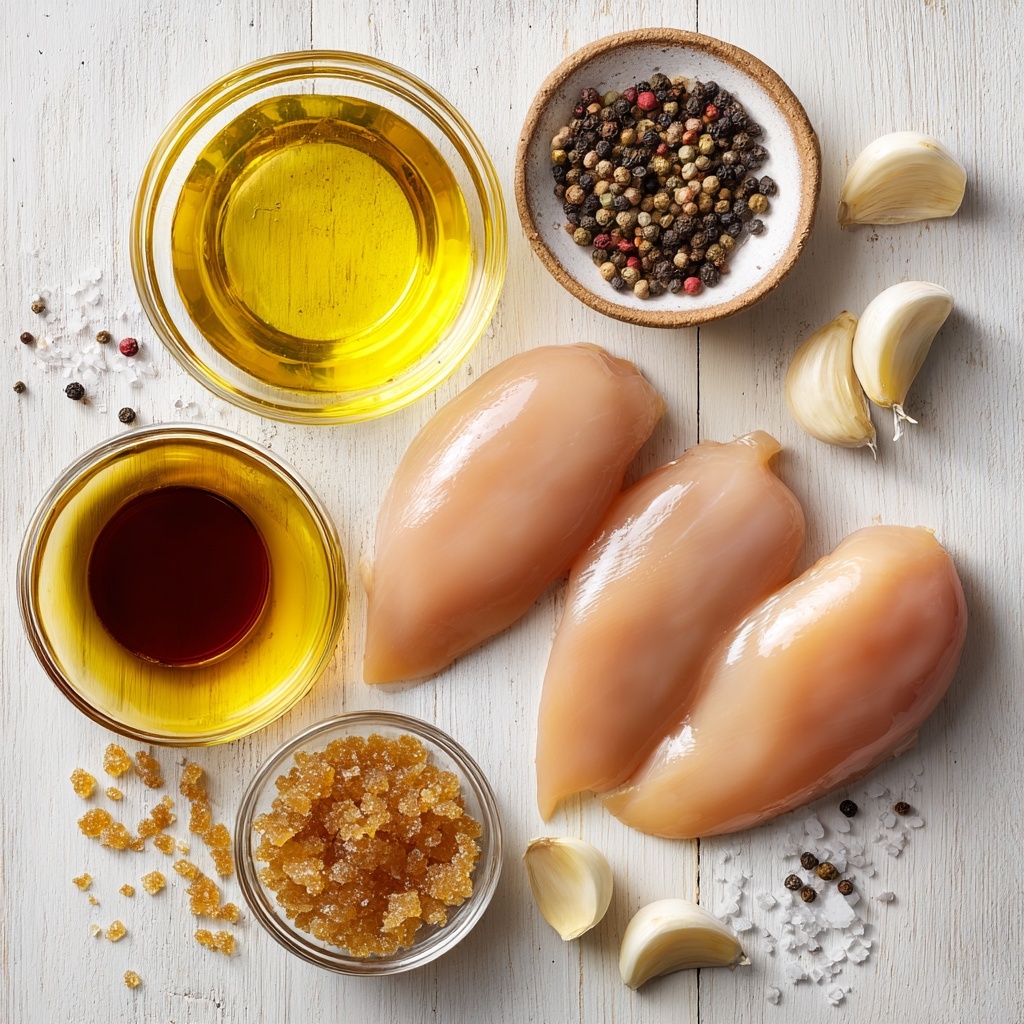 4 boneless, skinless chicken breasts with smooth pale pink skin, four peeled garlic cloves minced and whole, a small clear bowl with glossy golden honey, a small bowl of dark amber low-sodium soy sauce, a small pile of rich brown sugar crystals with a slightly moist texture, a small glass dish of golden olive oil, scattered whole black peppercorns and coarse sea salt grains, arranged neatly on a clean, light-colored wooden surface. Ingredients spaced evenly with natural soft daylight highlighting the varied textures and warm, earthy colors, subtle shadows adding depth, minimalistic and clean styling with a rustic touch, overhead shot, top down view, flat lay photography, professional food styling --ar 1:1 --q 2 --s 750 --v 6.1