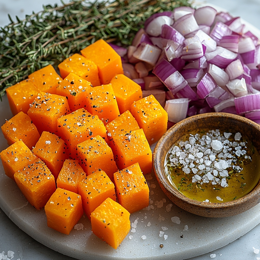 butternut squash cubes bright orange, sweet potato cubes deep orange, red onion long purple strips, minced garlic cloves small white pieces, fresh thyme sprigs delicate green leaves, roughly chopped rosemary bright green needles, small bowl of golden olive oil, scattered coarse salt crystals and black peppercorns, ingredients neatly arranged on clean white marble surface, natural light casting soft shadows, vibrant colors and rustic textures emphasized, slight contrast between smooth squash and rough herbs, visually balanced composition with overlapping elements and negative space, overhead shot, top down view, flat lay photography, professional food styling --ar 1:1 --q 2 --s 750 --v 6.1