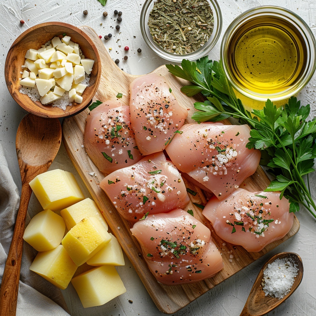 4 raw chicken breasts with smooth pale pink skin, medium diced golden-yellow potatoes with rough textured edges, small glass bowl of rich golden olive oil, cloves of garlic peeled and minced showing white and slightly translucent texture, small heap of finely grated off-white Parmesan cheese, vintage teaspoon filled with mixed Italian seasoning herbs in green and brown flecks, coarse white salt crystals and cracked black peppercorns scattered delicately, fresh bright green parsley sprigs for garnish, all arranged neatly on a clean, matte white surface with natural soft daylight casting gentle shadows, rustic wooden spoon and small ceramic bowls placed thoughtfully to add depth, subtle linen napkin folded nearby for warmth, minimal and elegant styling emphasizing colors and natural textures, overhead shot, top down view, flat lay photography, professional food styling --ar 1:1 --q 2 --s 750 --v 6.1