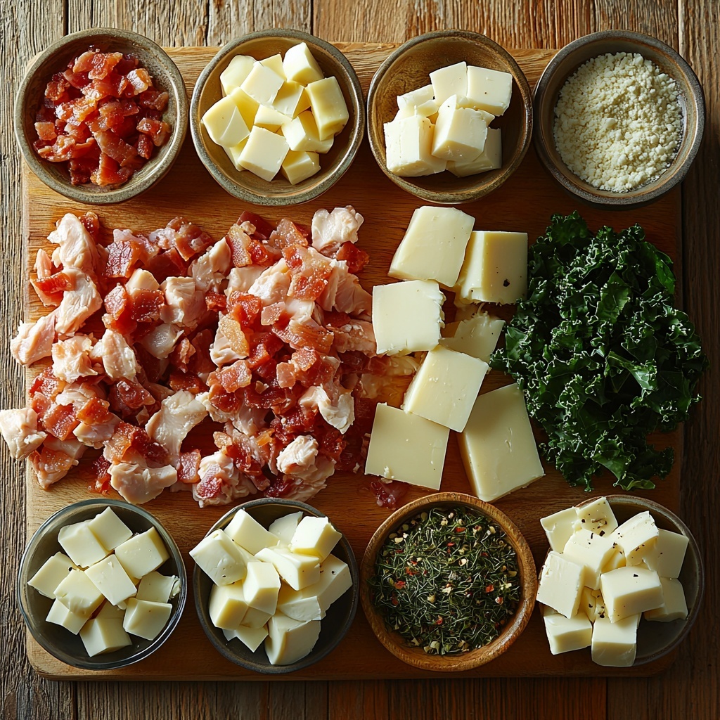 A clean, light wooden surface neatly arranged with the main ingredients for slow cooker crack chicken soup: raw chicken breasts with a subtle sheen, small bowls containing vibrant golden shredded cheddar cheese, soft white cream cheese cubes, and crispy crumbled bacon with deep reddish-brown tones. Scattered dried seasonings include fine, pale beige onion powder, off-white garlic powder, and small piles of earthy green dried dill weed and dried chives. Fresh chopped baby kale adds a rich, dark emerald green leafy texture. Bright green sliced scallions provide a fresh pop of color. A clear glass pitcher of golden low sodium chicken broth glistens invitingly. Textural contrasts are emphasized: creamy, crumbly, fresh leafy, and raw meat surfaces. The ingredients are spaced evenly with careful attention to color balance and negative space, styled with natural light casting soft shadows, evoking a cozy and fresh feel. The composition is tidy yet inviting, showing ingredient details for an appetizing meal preparation. Overhead shot, top down view, flat lay photography, professional food styling --ar 1:1 --q 2 --s 750 --v 6.1