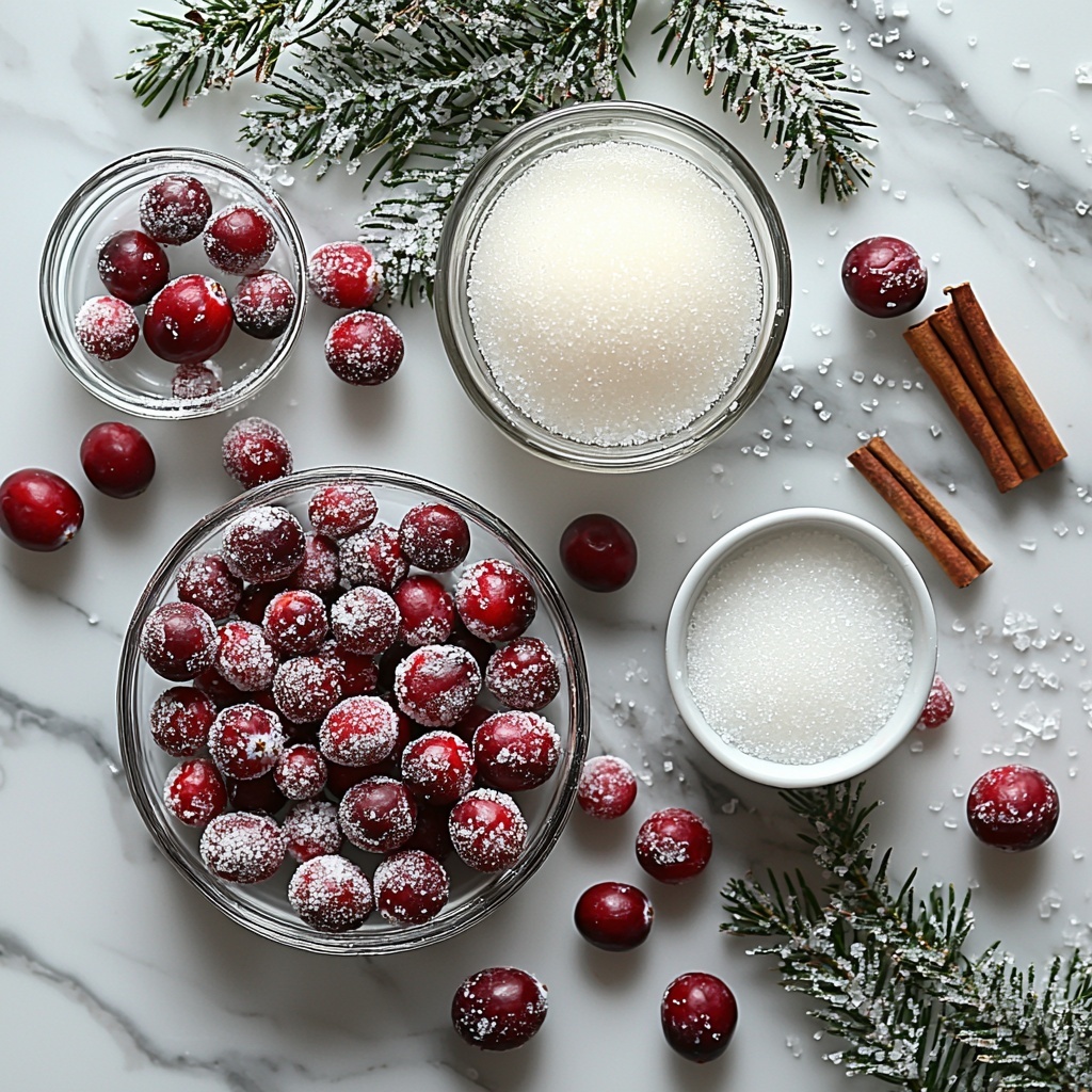 A clean white marble surface with the main ingredients neatly arranged for a festive sugared cranberries recipe: a small clear glass bowl of fresh, vibrant red cranberries with their glossy skins catching the light; next to it, a transparent measuring cup filled with sparkling white granulated sugar, showing fine, crystalline texture; a small glass pitcher of clear water reflecting soft light; and a delicate white porcelain bowl containing half a cup of water mixed with sugar, slightly syrupy and shimmering; a fine mesh wire rack with scattered sugared cranberries lightly dusted with sugar crystals enhancing their frosted, sparkling appearance; bits of scattered loose sugar crystals around the bowls to add texture and depth; natural soft daylight from one side casting gentle shadows, with minimalistic styling, clean lines, and subtle holiday accents like a sprig of pine or cinnamon sticks just peeking into the frame for seasonal warmth; overall bright, airy, fresh, and inviting composition emphasizing contrasting reds, pure whites, and transparent glass against the smooth white surface — overhead shot, top down view, flat lay photography, professional food styling --ar 1:1 --q 2 --s 750 --v 6.1