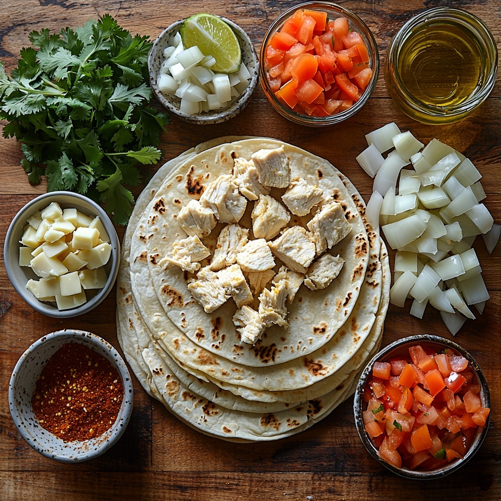 A clean, light wooden surface with ingredients for chicken quesadillas artfully arranged in a vibrant flat lay. Centered are four large, soft flour tortillas stacked neatly, their pale, smooth texture contrasting with the colorful ingredients around them. To the left, small white bowls hold 2 cups of shredded Monterey Jack cheese—creamy white with fine strands—and a bright 1-ounce packet of taco seasoning with bold red and yellow packaging. Nearby, a small pile of cubed, golden-brown cooked chicken breast showcases a slightly crispy texture. On the right, a small heap of diced red bell pepper, glossy and vividly red, next to finely diced translucent white onion with subtle layers visible. Two small glass bowls contain rich, golden olive oil glistening under soft natural light. Fresh shadows and highlights accentuate the textures and colors, with a few sprigs of fresh cilantro and a lime wedge adding a pop of green for contrast. The composition is balanced, airy, and inviting, styled with minimal props to focus on vibrant, fresh ingredients. overhead shot, top down view, flat lay photography, professional food styling --ar 1:1 --q 2 --s 750 --v 6.1