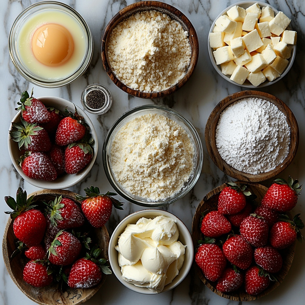Softened unsalted butter in a small glass bowl, granulated sugar and packed brown sugar in separate clear measuring cups, one large egg in a white ceramic bowl, a small glass jar of vanilla extract with a wooden cork, all-purpose flour elegantly mounded on a rustic wooden spoon, baking powder, baking soda, and salt in small white porcelain spoons arranged neatly, a bowl of freshly chopped vibrant red strawberries with green leaves visible, softened cream cheese in a clean white ramekin showing creamy texture, a fine mesh sieve holding a light dusting of powdered sugar, extra bright red chopped strawberries scattered artfully, all ingredients placed on a pristine white marble surface with soft natural light highlighting varied textures—from powdery flour to glossy sugar crystals and creamy cheese, minimal shadows for clarity, subtle fresh strawberry leaves and a delicate linen napkin folded nearby for a cozy touch, overhead shot, top down view, flat lay photography, professional food styling --ar 1:1 --q 2 --s 750 --v 6.1