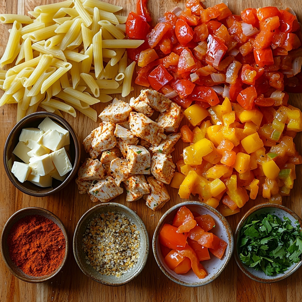 Chicken Fajita Pasta ingredients arranged on a clean, light wooden surface, featuring vibrant sliced bell peppers in red, yellow, and green hues alongside crisp chopped yellow onion. Neatly cubed raw boneless skinless chicken breast with a sprinkle of salt and pepper on top. Small bowls holding coarse chili powder, smoked paprika, cumin, oregano, coriander, garlic powder, brown sugar, and hot sauce with rich reddish and earthy tones. A measuring cup filled with creamy half and half and golden chicken broth, next to a half chicken bouillon cube. Fresh minced garlic cloves and three tablespoons of golden butter laid out on a small ceramic plate. A bundle of dry penne pasta arranged casually, with a drained can of diced Rotel tomatoes showing vivid reds and greens. Two small ramekins filled with shredded sharp cheddar cheese and creamy Pepper Jack cheese in warm yellows and whites. A tiny bowl with lime juice radiating a bright yellow-green color. A small glass of dry white wine with a subtle golden tint. A spoonful of avocado oil with a slight greenish hue glistening on a white ceramic spoon. Freshly chopped vibrant green cilantro scattered artistically around the scene. All elements spaced evenly with natural soft daylight casting gentle shadows to emphasize textures—the glossy wetness of the tomatoes, the smoothness of the cheeses, the grainy spice powders, and the raw chicken's moist surface. Overhead shot, top down view, flat lay photography, professional food styling --ar 1:1 --q 2 --s 750 --v 6.1