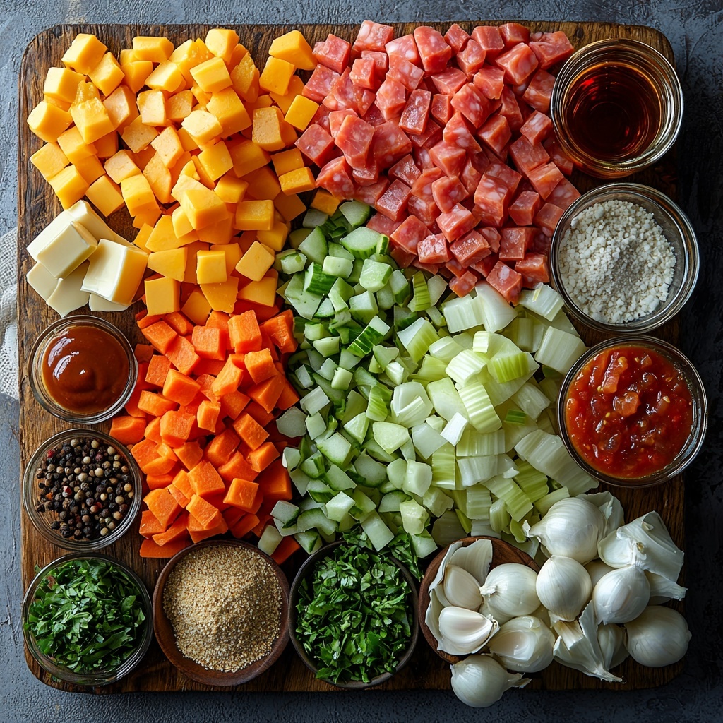 detailed flat lay of fresh cooking ingredients for cabbage soup arranged neatly on a clean white surface, vibrant colors and varied textures highlighted -- bright yellow diced onion, rich orange diced carrots, pale green diced celery, finely chopped crisp green cabbage, minced white garlic cloves on a small wooden spoon, plump diced kielbasa with a reddish-brown hue, small open bowls with dried herbs: basil, parsley, oregano, mustard powder, smoked paprika, onion powder in earthy tones, a glistening pat of golden butter and a small glass dish of olive oil, a spoonful of deep red tomato paste on a rustic ceramic plate, a vintage bottle of Worcestershire sauce and a small jar of bright red hot sauce, an unopened can of diced tomatoes with vibrant red and yellow chunks visible, a clear glass tumbler filled with rich orange-red V8 juice, a bowl of golden chicken broth reflecting light, small salt and pepper mills with coarse grains nearby, all elements spaced evenly with soft natural lighting casting gentle shadows, styled with rustic wooden spoons and linen napkins, emphasizing warm, inviting colors and fresh textures overhead shot, top down view, flat lay photography, professional food styling --ar 1:1 --q 2 --s 750 --v 6.1
