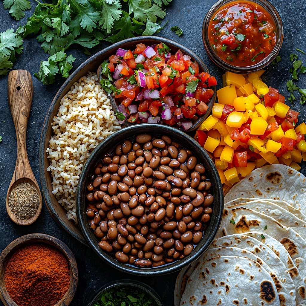 A clean, bright surface with main ingredients for rice and bean burritos artfully arranged in an organized flat lay: a small bowl of cooked pinto beans (or mixed beans) with visible plump texture; a heap of dry brown rice grains showing rustic, earthy tones; a vibrant bowl of chunky red salsa with visible tomato seeds and bits of onion and cilantro; fresh green cilantro stems and finely chopped cilantro leaves scattered elegantly; a glass container of golden vegetable broth catching the light; small piles of warm-toned chili powder, ground cumin, and bright red cayenne powder with distinct fine textures; sliced glossy baby bella mushrooms with deep brown caps and creamy stems; diced sweet bell peppers in mixed colors—bright red, yellow, and orange cubes; thin strips of translucent yellow onion showing delicate layers; a stack of soft, pale tortillas with slight flour dusting; all ingredients spaced to highlight their natural colors and textures, styled with minimal rustic props like a wooden spoon and neutral linen napkin nearby, soft natural light creating gentle shadows and enhancing freshness and warmth. overhead shot, top down view, flat lay photography, professional food styling --ar 1:1 --q 2 --s 750 --v 6.1