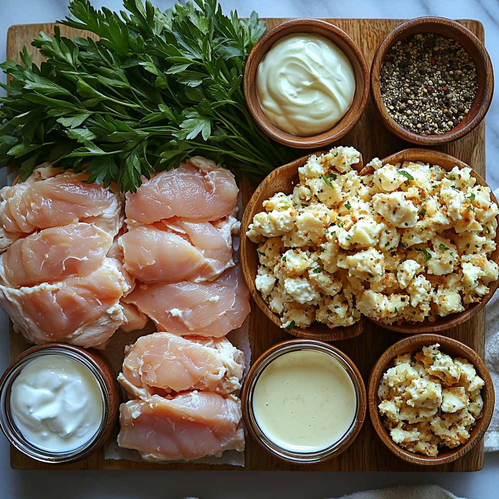 A clean white marble surface neatly arranged with the main ingredients for Crockpot Chicken and Stuffing Casserole: raw boneless skinless chicken breasts, some cut into chunks showing their pale pink, smooth texture; a rustic open box of golden-brown herb-flavored stuffing mix spilling slightly for texture contrast; a can of cream of chicken soup with a small bowl of creamy off-white soup beside it; a small glass bowl of thick, white sour cream or Greek yogurt; a clear measuring cup with pale yellow low-sodium chicken broth; small wooden bowls containing sprinklings of garlic powder, onion powder, and coarse black pepper, each showcasing their fine textures and natural colors; a heap of fresh vibrant green beans with a glossy surface; and sprigs of fresh parsley with bright green leaves adding a pop of color. The ingredients are spaced evenly with natural daylight highlighting their textures and colors, minimal shadows, styled with rustic kitchen utensils and light linen napkins for a cozy, inviting vibe. Overhead shot, top down view, flat lay photography, professional food styling --ar 1:1 --q 2 --s 750 --v 6.1