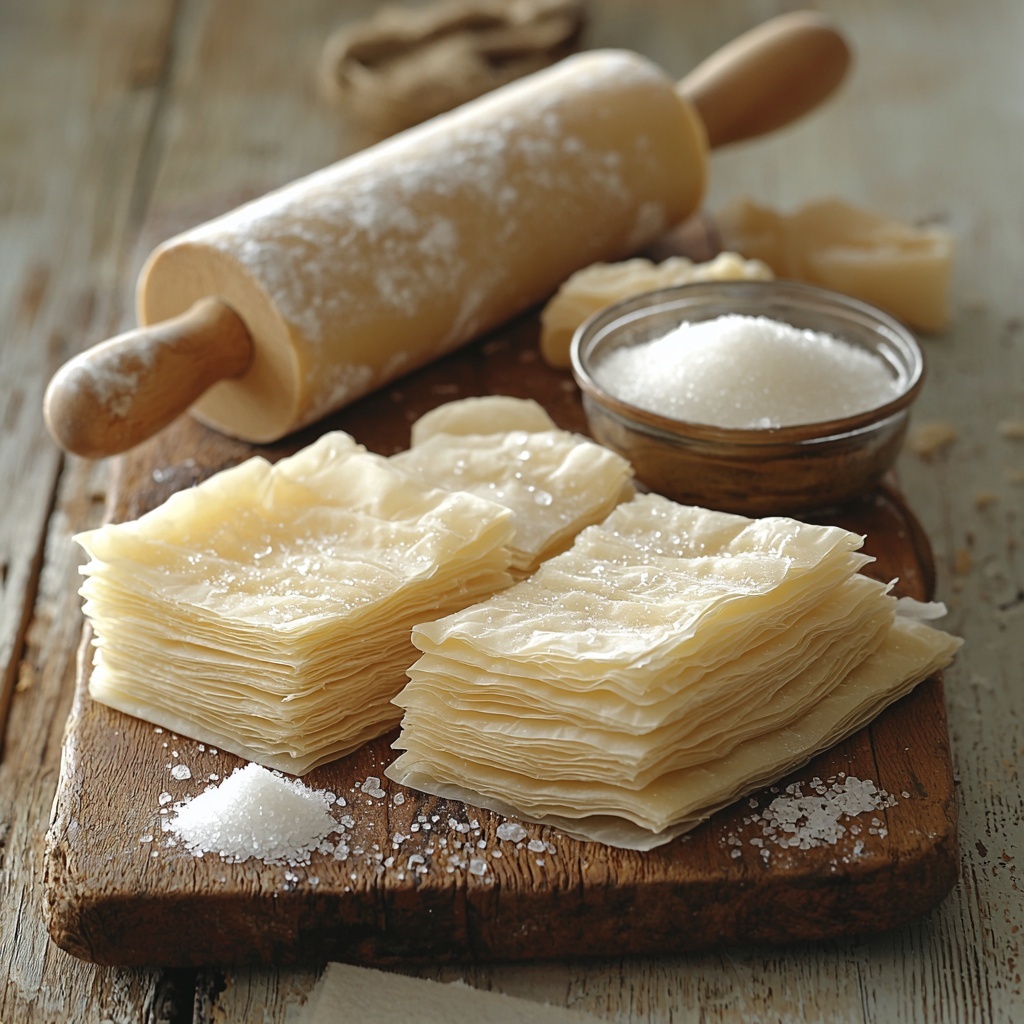 a clean, flat wooden surface with the main ingredients for Palmiers cookies arranged neatly: a rustic wooden cutting board dusted with granulated white sugar and a small glass bowl containing a mixture of sugar and fine sea salt, two sheets of pale golden puff pastry partially unfolded with visible flaky layers, a vintage rolling pin resting diagonally on the pastry, a sheet of crinkled parchment paper, and a scattering of sugar crystals catching soft natural light; the textures contrast between the smooth sugar grains, the delicate flaky pastry, and the matte wood, styled with warm, inviting tones and gentle shadows to emphasize the ingredients’ freshness and tactile appeal, minimalistic and elegant arrangement with ample negative space for a clean aesthetic overhead shot, top down view, flat lay photography, professional food styling --ar 1:1 --q 2 --s 750 --v 6.1