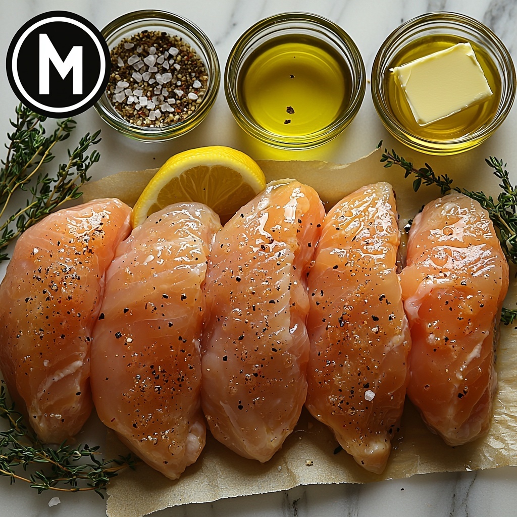 4 boneless, skinless chicken breasts raw and plump, arranged neatly on a clean white marble surface; small glass bowls containing golden olive oil, bright yellow lemon juice, and rich amber apple cider vinegar placed nearby; three whole garlic cloves and a small pile of finely minced garlic, fresh sprigs of green thyme and rosemary herbs scattered artfully; small rustic bowls with coarse sea salt, cracked black pepper, and vibrant red paprika or mixed Italian seasoning; a pat of creamy unsalted butter on natural brown parchment paper; a clear glass measuring cup with light golden chicken broth or vegetable broth; all ingredients spaced evenly with natural light casting soft shadows, emphasizing fresh textures and vibrant colors, styled for crisp, clean, inviting food photography; overhead shot, top down view, flat lay photography, professional food styling --ar 1:1 --q 2 --s 750 --v 6.1