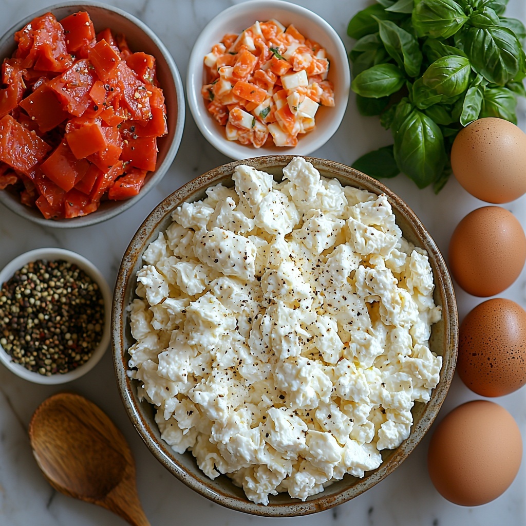 /Imagine prompt: A clean white marble surface displaying the main ingredients for a high protein cottage cheese chicken crust pizza arranged neatly for flat lay photography. 1 lb lean ground chicken breast, soft and pale pink, positioned in a small clear glass bowl. Nearby, a rustic ceramic bowl holds creamy, slightly lumpy white cottage cheese (Good Culture style). Two fresh brown eggs rest side by side with smooth shells. Small white dishes contain golden garlic powder, light tan onion powder, and finely crumbled oregano leaves with deep green hues. A tiny heap of freshly cracked black pepper adds speckled contrast. A small glass bowl filled with rich, deep red marinara sauce (Rao’s Homemade), textured with visible tomato bits, placed close to a pile of shredded mozzarella cheese, fluffy and snowy white. Half a cup of diced green bell peppers showing vibrant green, crisp diced cubes. A neat stack of round, glossy reddish-brown pepperoni slices sits arranged fanned out. A small bowl of dried basil flakes with muted green tones completes the spread. Soft natural light highlights the varied textures—the juicy ground chicken, creamy cottage cheese, smooth eggs, vibrant veggies, and rich marinara—creating inviting contrasts. The ingredients are spaced evenly with minimal shadows on a pure clean surface, styled with subtle props like a wooden spoon and linen napkin edges just in frame, adding warmth without distraction. overhead shot, top down view, flat lay photography, professional food styling --ar 1:1 --q 2 --s 750 --v 6.1