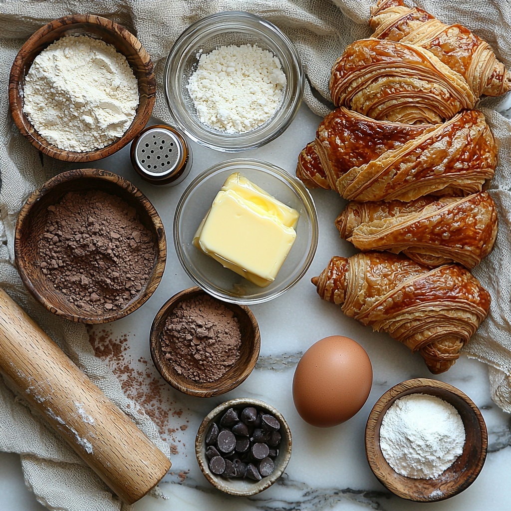 A clean white marble surface neatly arranged with the main ingredients for Brownie Batter Croissants: a glossy package of refrigerated croissant dough, golden melted unsalted butter in a small glass bowl, two small bowls—one filled with sparkling white granulated sugar and the other with soft, moist brown sugar, a single large brown egg with a smooth shell, a small glass jar of rich amber vanilla extract with a wooden stir stick, a fine mesh sieve gently holding deep dark unsweetened cocoa powder dusted lightly around, a small heap of all-purpose flour with a dusting of flour spilling slightly, a tiny ceramic spoon resting beside a pinch of fine white salt, and a rustic small bowl brimming with glossy semi-sweet chocolate chips. The ingredients are spaced evenly with soft natural lighting highlighting the varied textures—from the powdery cocoa and flour, the smooth shine of the butter and egg, to the flaky croissant dough sheet partially unrolled. Subtle shadows add dimension, with a delicate linen napkin folded nearby and a wooden rolling pin adding warmth and context to the composition. overhead shot, top down view, flat lay photography, professional food styling --ar 1:1 --q 2 --s 750 --v 6.1