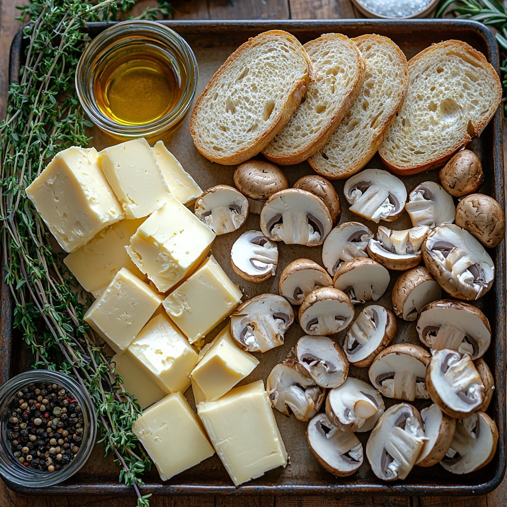 Gouda cheese blocks and slices with a creamy yellow hue, fresh whole cremini mushrooms and sliced button mushrooms displaying rich brown caps and smooth cream stems, thinly sliced sweet onions with translucent white and pale purple layers, thick slices of hearty sourdough bread featuring a rustic crust and airy crumb, small dishes of unsalted butter and olive oil with glossy textures, sprigs of fresh thyme and rosemary with vibrant green needles, containers of salt, pepper, and garlic powder arranged neatly, all items artfully spaced on a clean light wooden surface that enhances the natural colors and textures. Soft natural light highlights the smoothness of the cheese, the earthy ruggedness of the mushrooms, and the layered translucency of the onions. Minimal shadows and gentle reflections create an inviting, warm atmosphere. Overhead shot, top down view, flat lay photography, professional food styling --ar 1:1 --q 2 --s 750 --v 6.1