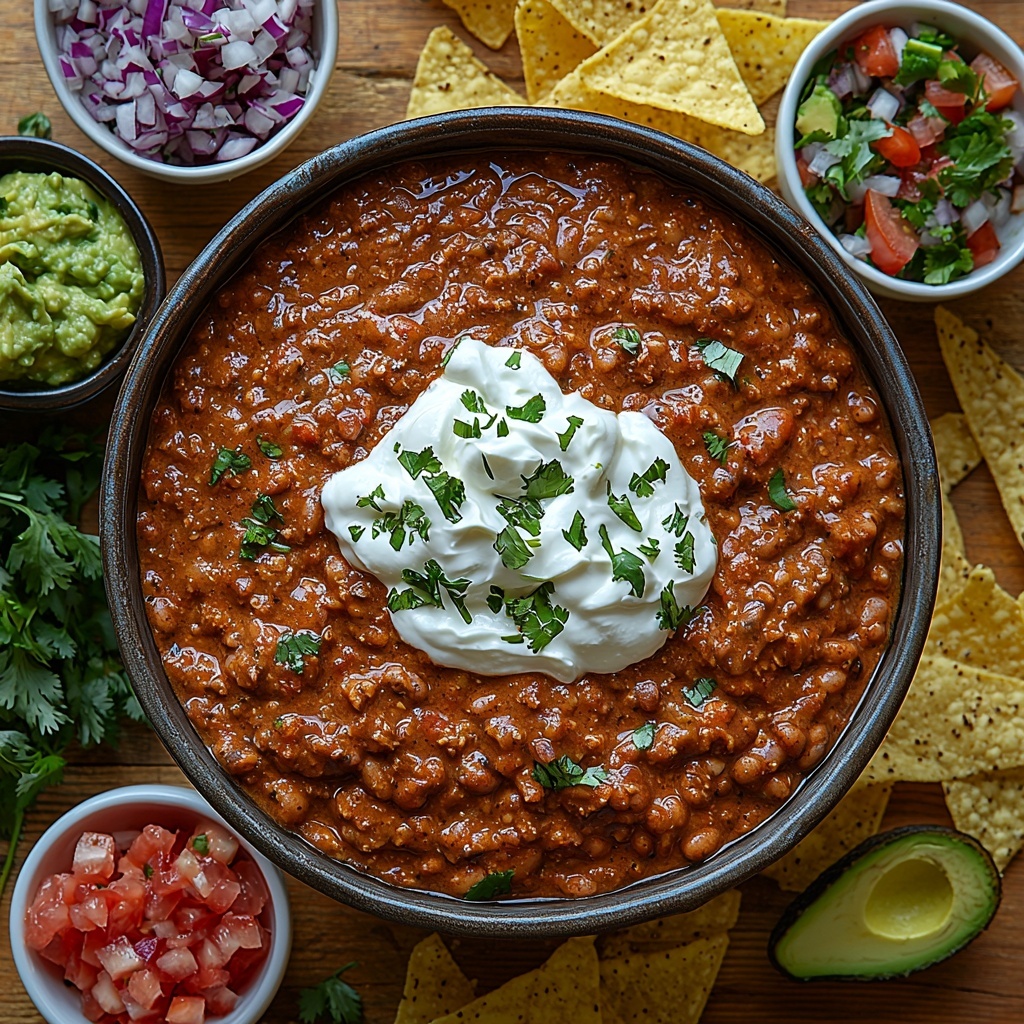 16-ounce can of refried beans in an opened rustic metal can, soft and creamy texture visible; a bowl of smooth softened cream cheese, white and fluffy; small glass bowl of thick sour cream, glossy and pure white; two tablespoons of vibrant reddish-orange hot sauce in a tiny dish; a small bowl of rich taco seasoning powder, warm reddish-brown and finely ground; a clear bowl filled with shredded Mexican cheese blend, a mix of pale yellow, white, and orange strands; fresh bright green cilantro sprigs neatly arranged; small ramekins containing colorful guacamole with creamy green avocado, chunky red and green pico de gallo salsa with diced tomatoes, onions, and peppers; sliced vivid green onions with white ends fanned out; additional dollops of sour cream in a delicate white bowl; and a few golden crispy tortilla chips scattered artistically around the ingredients. All items are arranged on a clean, light wood surface with subtle, natural lighting highlighting the vibrant colors and varied textures. The composition is balanced with negative space for visual breathing room, showcasing freshness and inviting warmth. overhead shot, top down view, flat lay photography, professional food styling --ar 1:1 --q 2 --s 750 --v 6.1