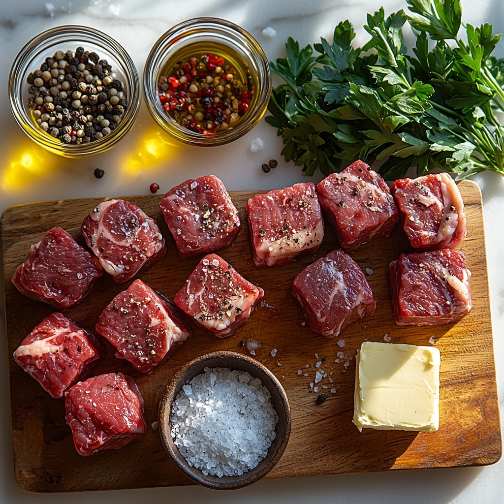 A flat lay of fresh cooking ingredients neatly arranged on a clean white marble surface: bite-sized cubes of raw sirloin steak, rich red with marbled texture, seasoned with coarse salt and cracked black pepper scattered nearby; a small glass bowl of golden olive oil gleaming under soft light; a wooden cutting board holding four peeled garlic cloves and several finely minced garlic pieces showcasing their creamy white, slightly glossy flesh; a square pat of pale yellow unsalted butter on a small ceramic dish; a bunch of vibrant fresh parsley sprigs and a small heap of finely chopped parsley leaves with bright green color; a small glass bowl of dark, rich Worcestershire sauce with deep mahogany hue; a tiny open jar of crushed red pepper flakes, fiery red with tiny seeds visible; coarse salt and peppercorns artfully placed around; stainless steel knife with a wooden handle lying beside the cutting board; everything spaced in a balanced, harmonious composition emphasizing textures and natural colors, with soft natural daylight from one side creating gentle shadows and highlights, minimalistic and clean aesthetic, overhead shot, top down view, flat lay photography, professional food styling --ar 1:1 --q 2 --s 750 --v 6.1