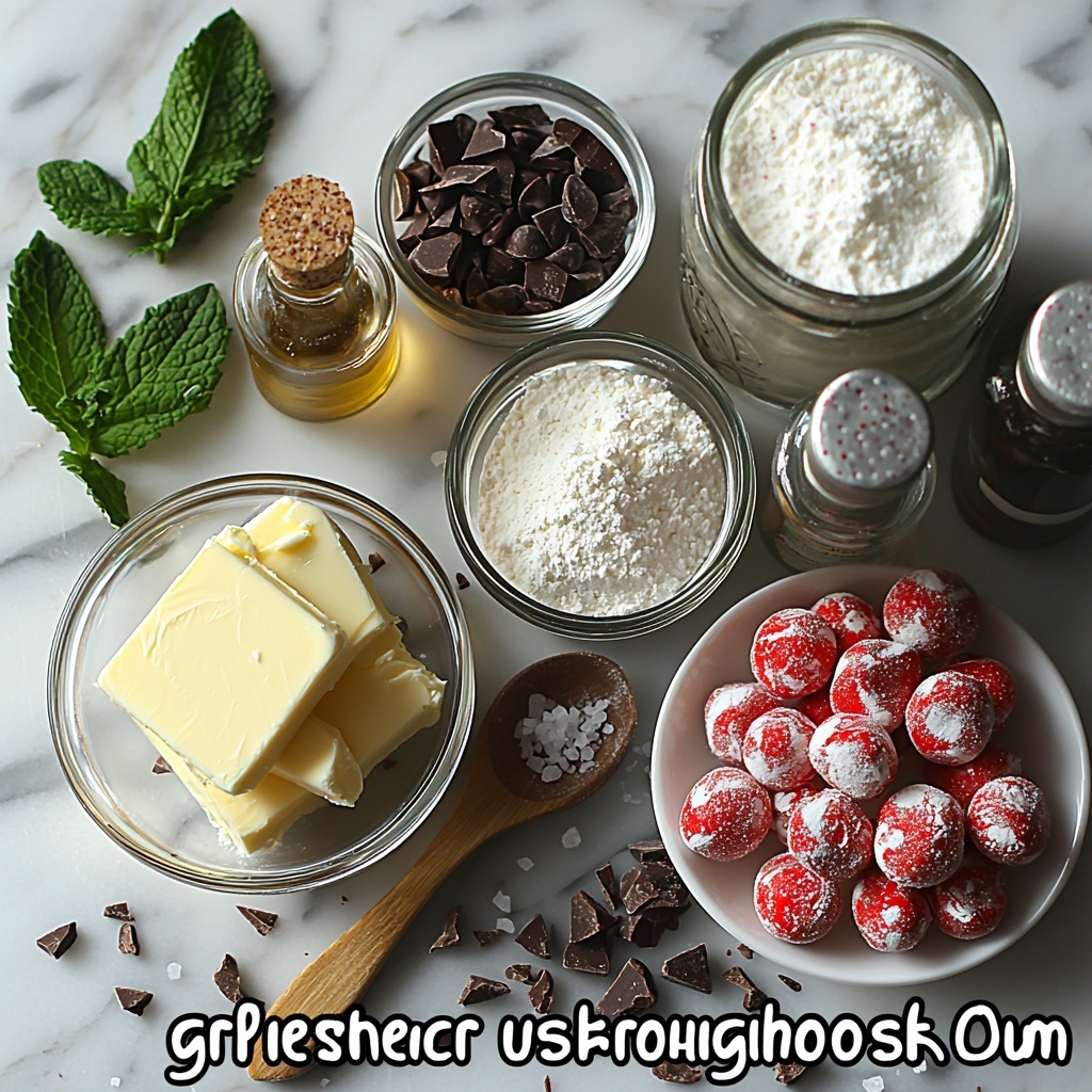 powdered sugar in a small glass bowl with fine white dust, softened unsalted butter smooth and creamy on a white ceramic plate, a small glass bowl of semi-sweet dark chocolate chips glossy and rich, coconut oil melted and shiny in a clear glass container, heavy cream in a small glass jug with a creamy off-white color, tiny glass bottles with peppermint extract and vanilla extract labeled elegantly, a small bowl with fine white salt, crushed bright red and white peppermint candies scattered artistically nearby, flaky sea salt crystals sprinkled delicately on a wooden spoon, all ingredients arranged neatly on a clean light marble surface with soft natural light highlighting the textures and colors, subtle shadows adding depth, minimalistic styling with a few green mint leaves for a fresh accent, overhead shot, top down view, flat lay photography, professional food styling --ar 1:1 --q 2 --s 750 --v 6.1