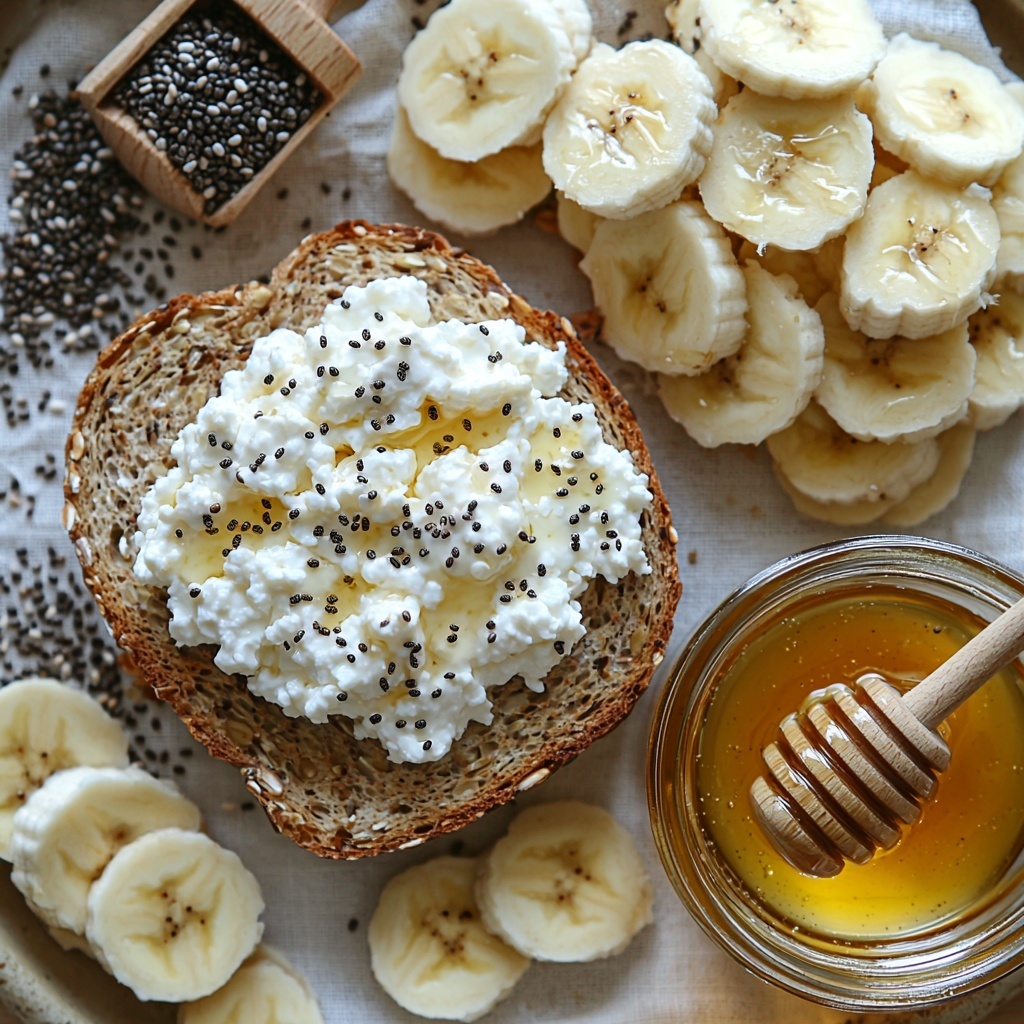 flat lay photography of cottage cheese banana toast ingredients arranged on a clean white surface: one thick slice of whole grain bread with visible seeds and a golden-brown crust, a small clear bowl of creamy white cottage cheese with a slightly lumpy texture, a small bunch of ripe banana slices showing soft yellow skin and pale creamy interior neatly fanned out, a small glass jar of golden honey with a honey dipper resting beside it, tiny black chia seeds scattered artfully around the setup, warm natural light casting soft shadows, subtle rustic wooden or linen placemat edges peeking in, minimalistic styling highlighting natural colors and textures, fresh and inviting atmosphere, overhead shot, top down view, flat lay photography, professional food styling --ar 1:1 --q 2 --s 750 --v 6.1