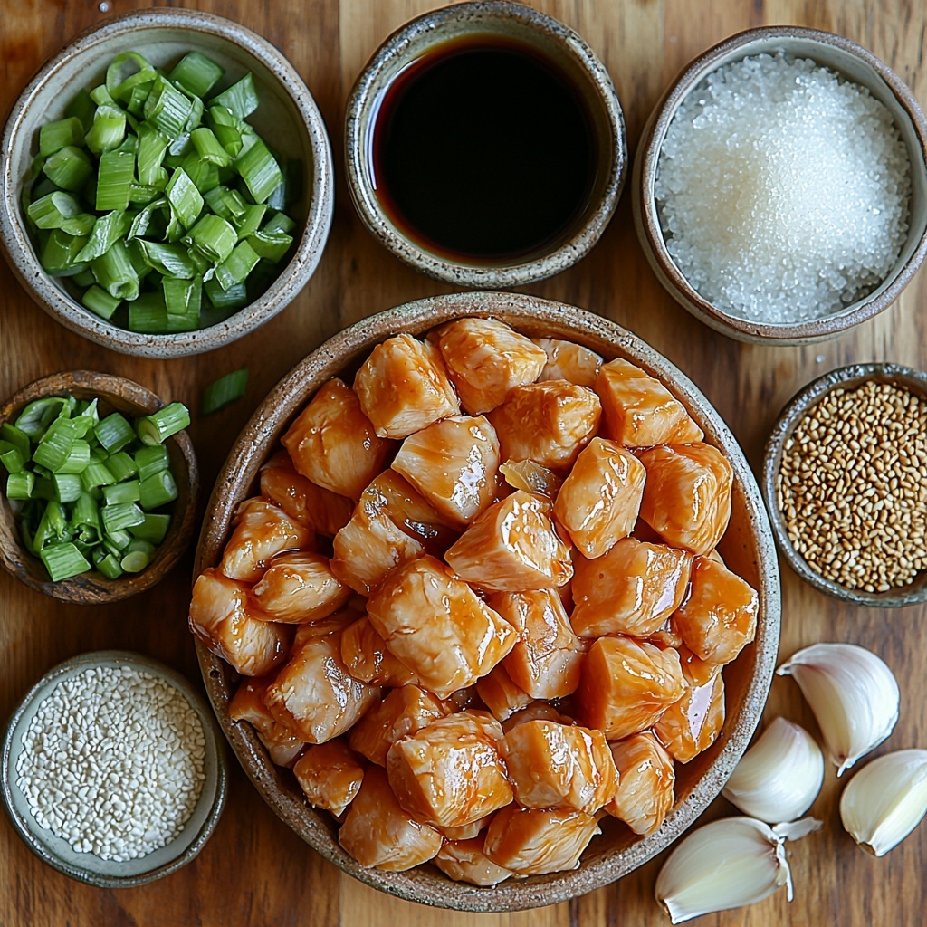 Chicken thighs cut into bite-sized pieces arranged in a neat pile, fresh scallions sliced with white parts separated from vibrant green tops scattered artfully nearby, peeled garlic cloves minced and displayed in a small rustic bowl, finely minced fresh ginger presented on a delicate ceramic spoon. Nearby, small containers hold glossy soy sauce, rich dark oyster sauce, golden sesame oil, and a small heap of white granulated sugar. A translucent bowl with pale chicken broth and a tiny dish of cornstarch slurry add textural contrast. All ingredients are set on a clean, light wooden surface with natural soft lighting highlighting the varied textures—the glossy sauces, the fibrous scallions, and the tender chicken pieces. Subtle shadows add depth while maintaining a bright and fresh mood, with minimalistic styling emphasizing authenticity and fresh ingredients. Overhead shot, top down view, flat lay photography, professional food styling --ar 1:1 --q 2 --s 750 --v 6.1