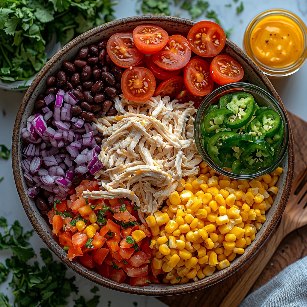 Flat lay overhead shot of high protein Southwest chicken salad ingredients arranged neatly on a clean white marble surface. Six cups of shredded cooked chicken in a rustic ceramic bowl, vibrant black beans in a small white bowl rinsed and drained, bright golden yellow corn kernels in a clear glass bowl, and a heap of juicy red chopped tomatoes on a wooden board. Nearby, a mound of shredded sharp cheddar cheese with its rich orange color, finely chopped deep purple-red small red onion, and a small heap of finely chopped bright green jalapeno peppers. Fresh, leafy green cilantro sprigs scattered artfully around, alongside a small bowl with creamy off-white mayo or Greek yogurt. A small glass container with fresh lime juice, honey in a light amber drizzle, and a rustic bowl containing golden-brown taco seasoning mix. A few coarse salt crystals and whole black peppercorns sprinkled subtly beside the ingredients. The composition is bright and colorful with contrasting textures: smooth creamy dressing elements, grainy beans, juicy tomatoes, crisp onion, and tender chicken, styled with natural light, soft shadows, and slight rustic accents like a linen napkin and wooden utensils nearby. Overhead shot, top down view, flat lay photography, professional food styling --ar 1:1 --q 2 --s 750 --v 6.1