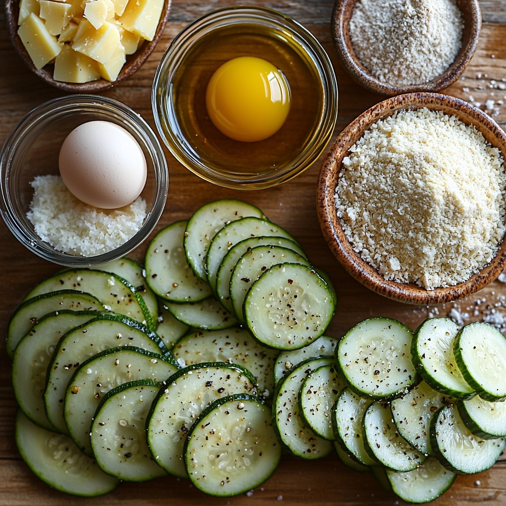 2 fresh green zucchinis sliced into thin 1/4-inch rounds neatly fanned out on a clean white surface, small glass bowl of golden olive oil with a subtle sheen, a cracked raw egg in a rustic small bowl showing bright yellow yolk, a measuring cup filled with light, flaky panko breadcrumbs with a slightly coarse texture, a small bowl of fine, pale beige almond flour, a heap of grated parmesan cheese in soft white curls, scattered grains of coarse salt, a sprinkling of fine garlic powder, fresh cracked black peppercorns adding specks of dark contrast, a small ramekin of vibrant red romesco sauce with a smooth texture, all ingredients carefully spaced in a balanced composition with natural daylight highlighting their colors and textures, rustic wooden table background blurred softly to accentuate the ingredients, minimal shadows, crisp focus, and an inviting, clean aesthetic — overhead shot, top down view, flat lay photography, professional food styling --ar 1:1 --q 2 --s 750 --v 6.1