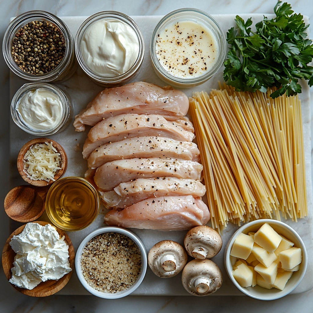 A clean, bright surface with all main ingredients for Chicken Tetrazzini neatly arranged in a balanced flat lay: a large raw boneless skinless chicken breast with smooth pale pink flesh; small white ramekins holding Italian seasoning, salt, and pepper with fine textures; a small glass bowl of golden olive oil glistening; a pat of creamy butter on a white dish; a clear glass measuring cup filled with pale yellow dry white wine; a cluster of light brown diced button mushrooms showing their soft, slightly textured caps; a small bowl of finely diced yellow onion with warm golden tones; three cloves of garlic with papery skins and some minced garlic on a small plate; two vintage-style cans or bowls containing cream of chicken soup and cream of mushroom soup with creamy textures; a small bowl of thick white sour cream; a glass measuring cup filled with smooth white milk; a small mound of freshly grated Parmesan cheese with a crumbly texture; a bowl of bright green frozen peas contrasting the other colors; a neat coil of uncooked spaghetti strands pale golden and slightly glossy; a pile of shredded mozzarella cheese looking fluffy and soft; and fresh sprigs of vibrant green parsley with textured leaves for garnish. All ingredients spaced evenly with natural, soft daylight highlighting shadows and textures, styled with rustic wooden spoons and minimal white ceramic bowls, shot on a light wood or marble surface to enhance colors and create an inviting, fresh feel. Overhead shot, top down view, flat lay photography, professional food styling --ar 1:1 --q 2 --s 750 --v 6.1