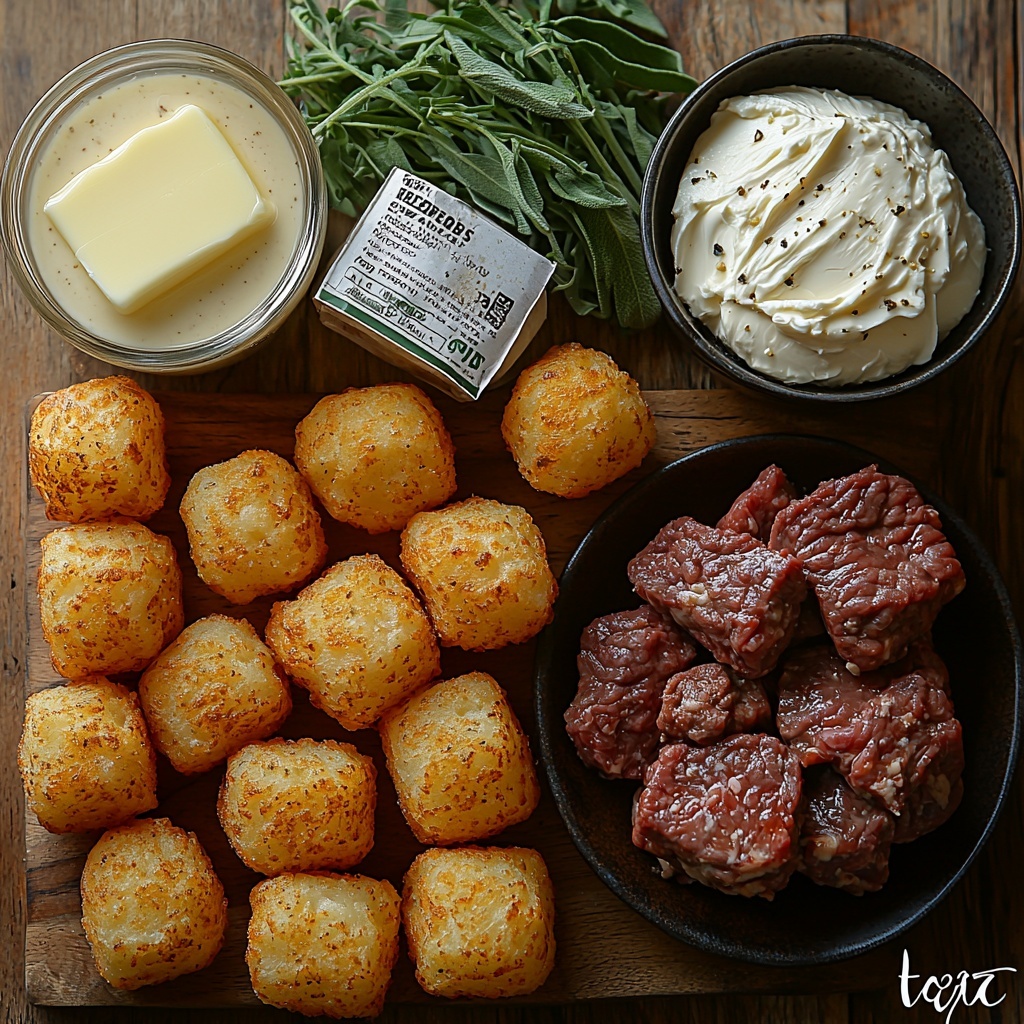 Frozen golden tater tots scattered loosely in a small pile, a smooth pat of melted butter in a clear glass bowl glistening softly, a pristine white can of cream of mushroom soup with its creamy label visible, a block of softened cream cheese on a rustic wooden board showing creamy texture, a heap of raw lean ground beef with rich red color and marbling on a dark ceramic plate, a small open packet of Italian dressing mix displaying fine herb flakes, and a small white bowl of dark beef broth with glossy surface, all arranged neatly on a clean, light wooden surface with subtle natural light creating soft shadows, emphasizing the rich colors and varied textures of the ingredients, balanced composition with space between items for visual clarity, minimal props for a modern, cozy kitchen vibe, overhead shot, top down view, flat lay photography, professional food styling --ar 1:1 --q 2 --s 750 --v 6.1