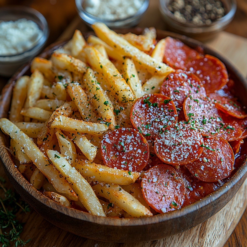 Frozen golden fries scattered loosely on one side, crisp and textured; a small rustic bowl of vibrant deep red tomato sauce with a glossy sheen nearby; neatly fanned out bright red pepperoni slices with subtle oily highlights; a generous mound of shredded mozzarella cheese, fluffy and white with soft strands visible; small glass bowls containing coarse salt, cracked black pepper, and fine garlic powder; dried Italian seasoning sprinkled artistically in a small dish and some loose sprigs around; all ingredients arranged carefully on a clean, light-colored wooden surface with natural soft lighting emphasizing the textures and colors, minimal shadows creating an inviting, fresh, and appetizing look, styled with subtle props like a wooden spoon and linen napkin for warmth — overhead shot, top down view, flat lay photography, professional food styling --ar 1:1 --q 2 --s 750 --v 6.1