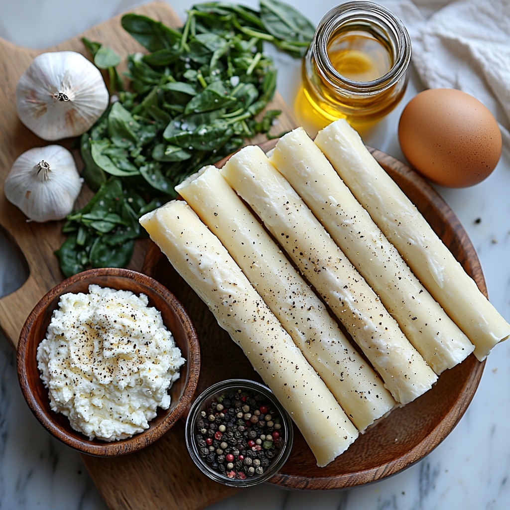 Twelve uncooked manicotti tubes neatly aligned in a wooden bowl, a small bowl of creamy white ricotta cheese beside a rustic ramekin filled with finely grated pale yellow Parmesan cheese, a large glossy brown egg resting on a linen napkin. Fresh vibrant green chopped spinach scattered loosely on a white ceramic plate, two peeled garlic cloves and one small golden-brown onion sitting adjacent on a light wooden cutting board. A clear glass bowl of rich, deep red marinara sauce with visible herbs, a small glass jar of golden olive oil, and small salt and black pepper containers placed symmetrically around. All ingredients arranged on a clean light marble surface with soft natural daylight casting gentle shadows, textures emphasized—smooth ricotta, rough Parmesan, glossy egg shell, and fresh leafy spinach—styled to evoke freshness and homeliness. Overhead shot, top down view, flat lay photography, professional food styling --ar 1:1 --q 2 --s 750 --v 6.1