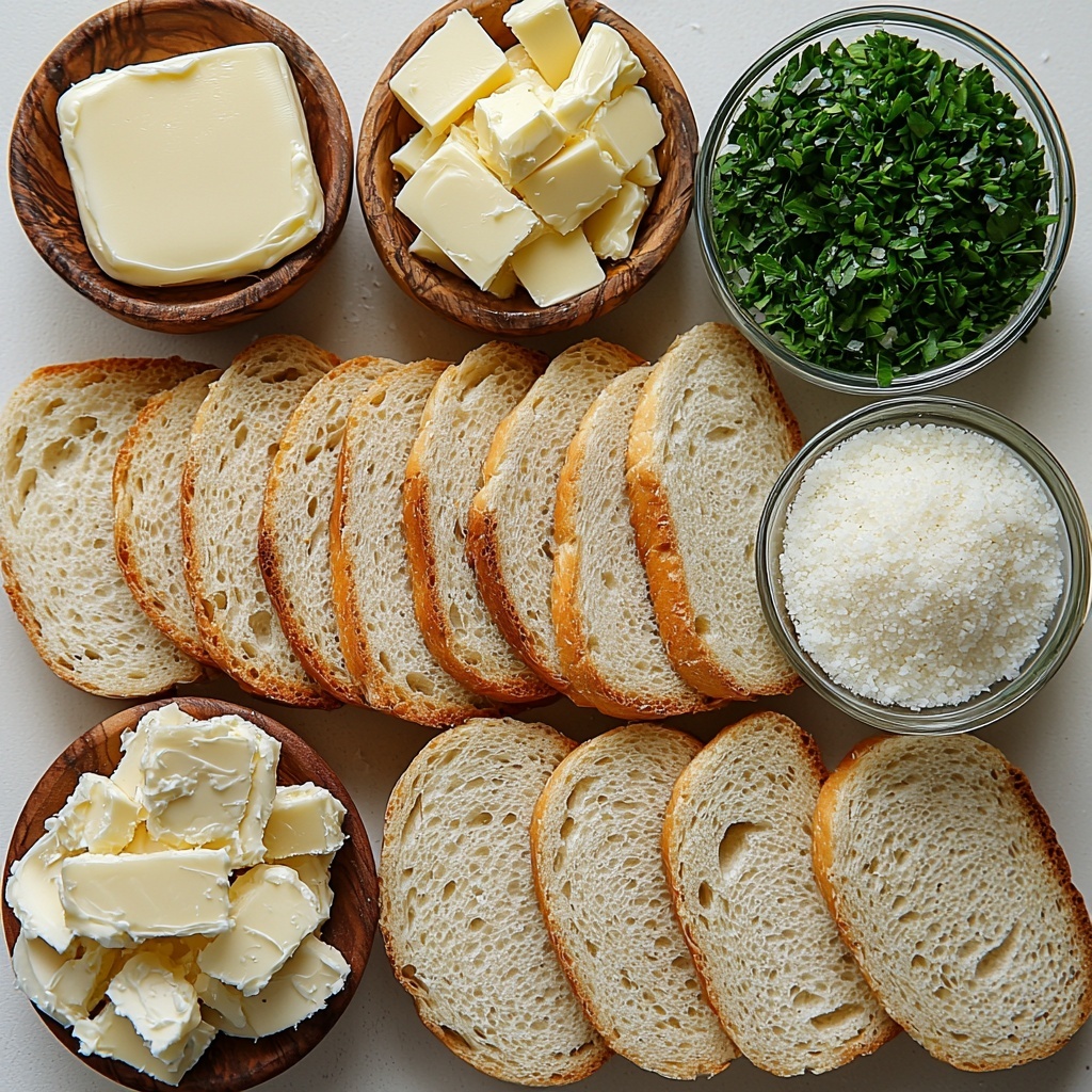 8 slices of sliced bread (white, whole wheat, and sourdough) arranged neatly in a slight fanned-out row on a clean white surface; a small bowl of softened unsalted butter, creamy and pale yellow with a smooth texture; four garlic cloves, peeled and whole, showcasing their off-white color and smooth skin; a small heap of minced garlic next to the cloves, finely chopped with a slightly moist texture; a bright green pile of freshly chopped parsley leaves, vibrant and fresh; a small ceramic bowl of coarse salt crystals, white and sparkling; a small mound of finely grated Parmesan cheese, off-white with a granular texture; utensils like a butter knife with traces of softened butter; all ingredients spaced evenly with natural soft daylight highlighting colors and textures, subtle shadows for depth, minimalist rustic styling with natural wooden and ceramic props, clean and inviting overhead shot, top down view, flat lay photography, professional food styling --ar 1:1 --q 2 --s 750 --v 6.1