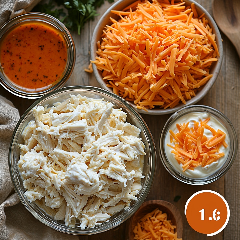 4 cups cooked shredded chicken breasts, tender and fibrous white meat, loosely piled; 8 ounces cream cheese at room temperature, smooth and creamy, in a small white bowl; 3/4 cup vibrant orange-red buffalo sauce in a glass ramekin, glossy and thick; 1 cup ranch dressing, pale creamy white with herb flecks, served in a small clear dish; 8 ounces shredded cheddar cheese, bright orange and finely shredded, scattered artfully beside the bowls; all ingredients arranged neatly on a clean, light wooden surface with natural warm tones; soft, diffused natural lighting emphasizing textures and colors, gentle shadows adding depth; rustic linen napkin and a wooden spoon placed casually to frame the scene, minimalistic styling with focus on freshness and contrasting hues; overhead shot, top down view, flat lay photography, professional food styling --ar 1:1 --q 2 --s 750 --v 6.1