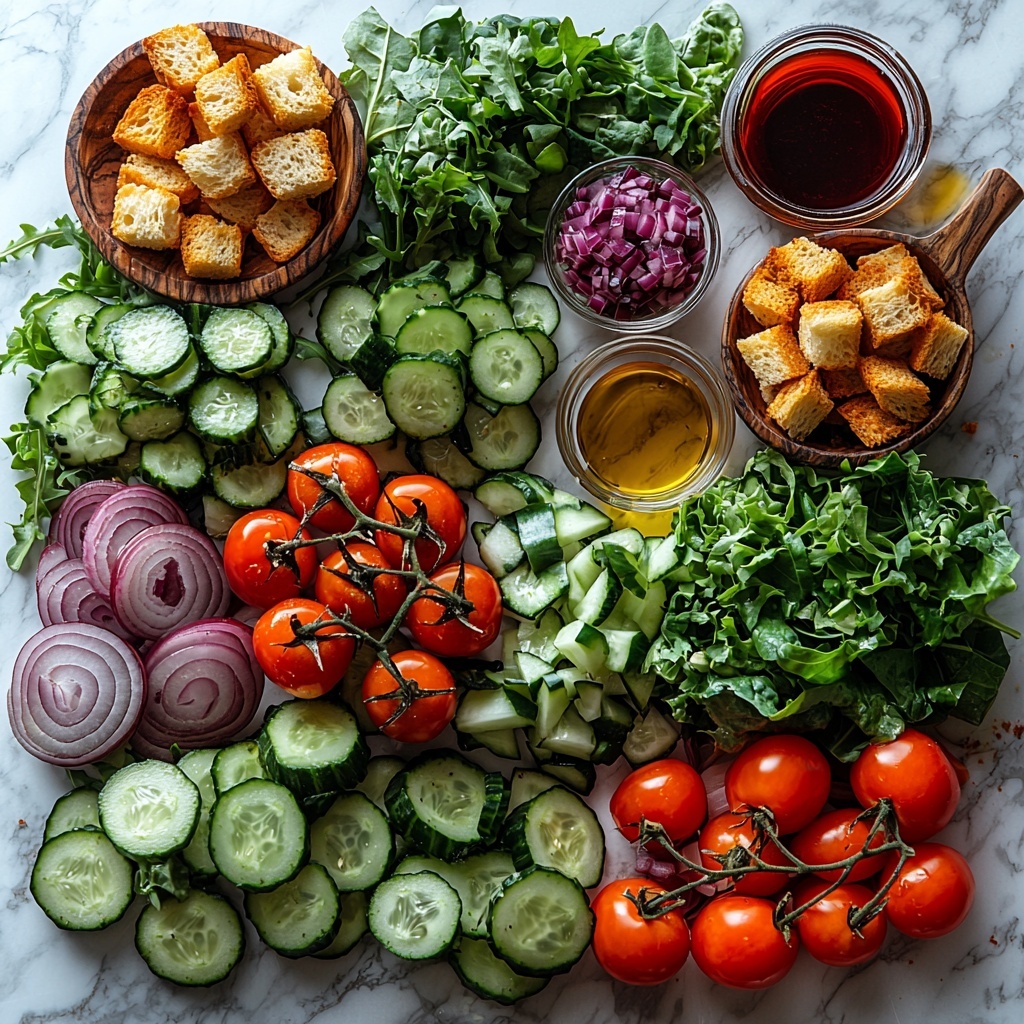A clean white marble surface arranged with fresh mixed greens in a loose pile, vibrant red tomato slices fanned out nearby, crisp green cucumber slices lined up neatly, thinly sliced translucent red onion rings scattered delicately, golden crunchy croutons placed in a small rustic bowl, a small glass jar of deep red-purple red wine vinegar with a few droplets around its base, and a small clear glass container filled with glossy golden olive oil. Soft natural light highlights the varied textures—from the leafy greens' ruffled edges to the smooth cucumber skin and juicy tomato flesh—creating a fresh and inviting color palette of greens, reds, purples, and warm neutral tones. Minimal shadows enhance the composition, with subtle props like a light linen napkin folded at the corner and a wooden salad bowl edge peeking in to add warmth and context. Overhead shot, top down view, flat lay photography, professional food styling --ar 1:1 --q 2 --s 750 --v 6.1