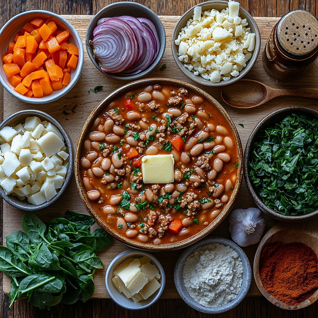 A clean, light-colored wooden surface neatly arranged with the main ingredients for pinto bean soup in an inviting flat lay style: two open cans of drained pinto beans showing their rich reddish-brown texture, a small mound of raw ground sausage with visible marbling of fat, a pat of golden butter on a small white dish, a small pile of diced yellow onion, a cluster of diced bright orange carrots, two ribs of fresh celery chopped into pieces, three peeled garlic cloves partially minced, a small bowl of fine white flour, a tiny bowl with a vibrant red hot sauce, a small bottle or dish of dark Worcestershire sauce, a scattering of mixed dried herbs in tiny white bowls including bright green basil, parsley, and oregano alongside pale mustard powder and coarse black pepper, a stack of fresh deep green spinach leaves with visible veins, a small glass jug of creamy white heavy cream, and a small heap of freshly grated Parmesan cheese with delicate curls. Soft natural light enhances the varied textures and colors, with subtle shadows adding depth; rustic linen napkins and a wooden spoon partially frame the scene, emphasizing warmth and homeliness. The composition is balanced and spacious, focusing on freshness and ingredient quality, styled for a warm, inviting, homemade feel. Overhead shot, top down view, flat lay photography, professional food styling --ar 1:1 --q 2 --s 750 --v 6.1