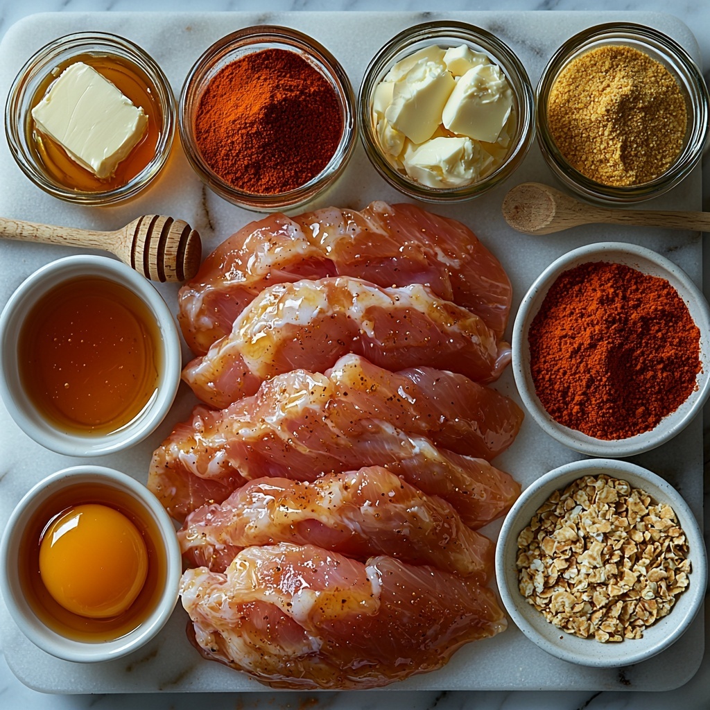 hot honey chicken ingredients arranged neatly on a clean white surface, featuring 3 large boneless skinless chicken breasts with smooth pale pink texture, small bowls of white flour and golden brown light brown sugar, three glass bowls containing whisked bright yellow eggs with a glossy surface, vibrant red hot sauce in a small dish, crushed golden cornflakes adding a crunchy texture, paprika sprinkled in a small ramekin showing deep red powder, salt and chili powder, pepper and cayenne pepper in tiny white spoons showcasing fine powders, a clear jar of amber honey with shiny thickness, a small bottle of Frank’s hot sauce with deep red color, a pat of creamy yellow butter on a white plate, light brown packed brown sugar in a tiny bowl, a small bowl of apple cider vinegar with pale golden liquid, and three small heaps of garlic powder, onion powder, and mustard powder each displaying fine beige textures; ingredients arranged symmetrically with natural light highlighting textures and colors, subtle shadows for depth, minimal rustic props including a wooden spoon and linen napkin nearby, clean modern styling, overhead shot, top down view, flat lay photography, professional food styling --ar 1:1 --q 2 --s 750 --v 6.1