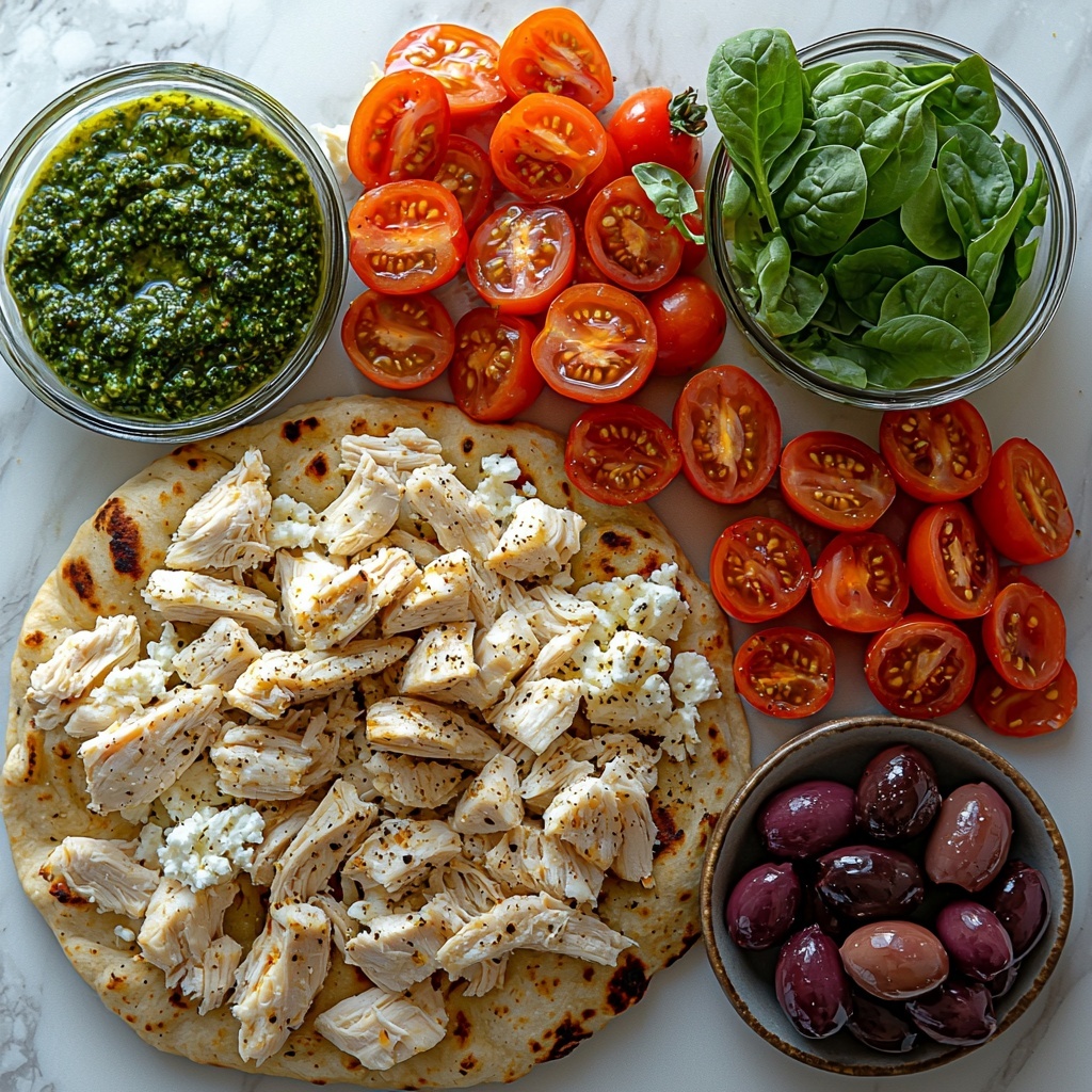 flat lay photograph of Mediterranean chicken flatbread pizza ingredients neatly arranged on a clean white marble surface: two golden flatbreads stacked slightly overlapping, small glass bowls with vibrant green pesto, shredded mozzarella cheese in a small heap showing soft, creamy texture, tender cooked chicken pieces shredded and diced with light brown edges, glossy halved cherry tomatoes rich red color, fresh dark green spinach leaves scattered loosely, thinly sliced translucent purple-red half red onion fanned out elegantly, shiny deep purple Kalamata olives pitted and halved in a small rustic bowl, crumbled white feta cheese sprinkled artfully with crumbly texture, small vintage spoon with pale garlic powder beside the ingredients; bright natural lighting highlighting the vivid Mediterranean colors and fresh textures, minimal shadows, clean and modern styling, slight rustic artisanal vibe, overhead shot, top down view, flat lay photography, professional food styling --ar 1:1 --q 2 --s 750 --v 6.1