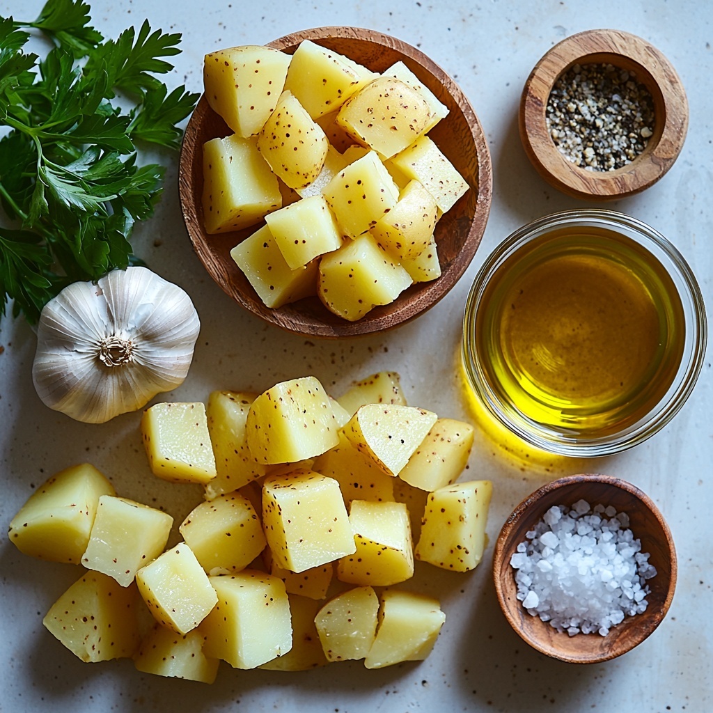 Yukon Gold potatoes cut into chunky 2-inch pieces with their golden-yellow skin and creamy flesh visible, two garlic cloves peeled and whole beside them, a small glass bowl of extra virgin olive oil gleaming with a rich golden hue, a clear measuring cup filled halfway with pale amber vegetable broth, a tiny ceramic bowl of coarse sea salt sparkling white, and a small wooden dish holding freshly ground black pepper with visible specks of black and grey. All ingredients carefully arranged on a clean, bright white surface with soft natural light casting gentle shadows, emphasizing the textures—the smoothness of the potatoes, the slight roughness of garlic cloves, and glossy surfaces of the oil and broth. Minimalistic styling with subtle rustic wooden accents to add warmth, and a sprig of fresh parsley placed off to the side for a pop of green contrast. overhead shot, top down view, flat lay photography, professional food styling --ar 1:1 --q 2 --s 750 --v 6.1