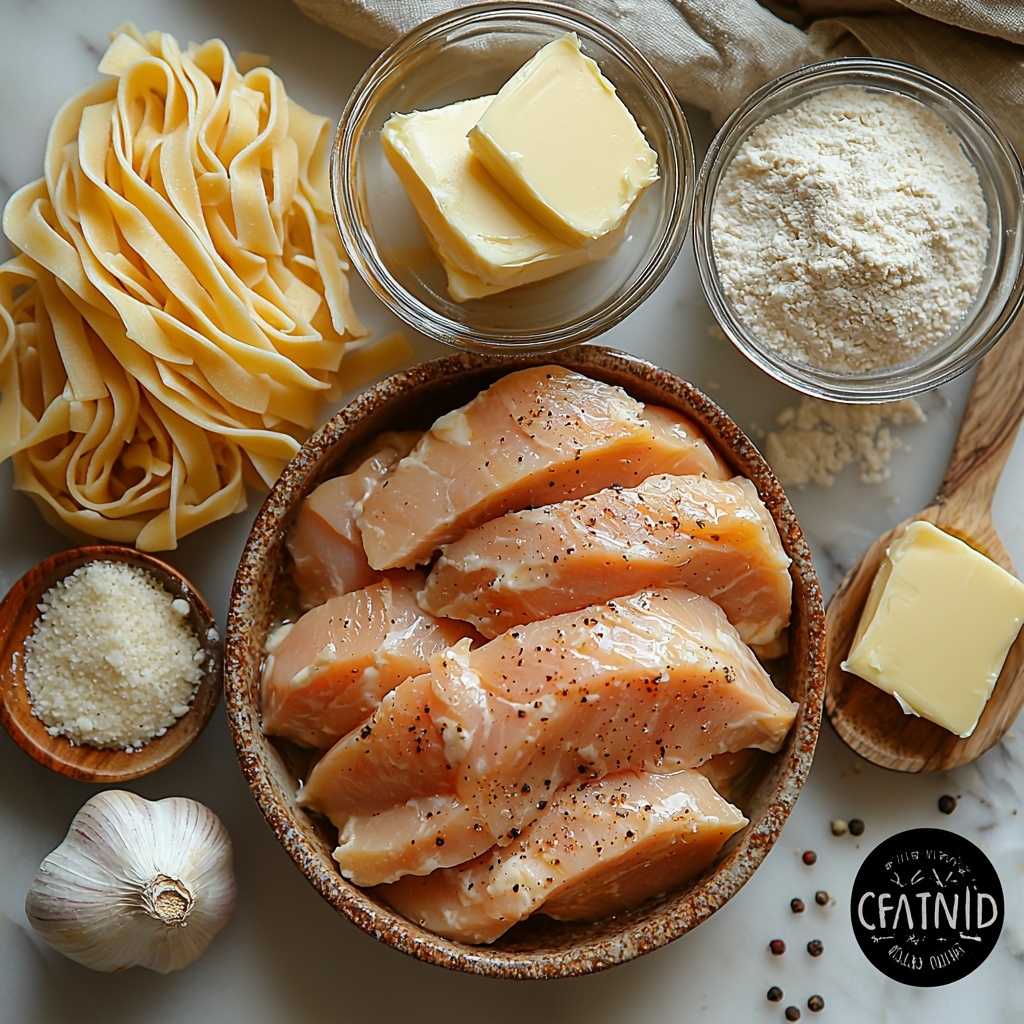 chicken breasts raw and marinated with olive oil, garlic salt, and pepper, whole garlic cloves (minced in small bowl), a small pat of butter on a wooden butter knife, a heap of white flour in a rustic ceramic bowl, a clear glass measuring cup filled with chicken broth, a glass cup with 1% or 2% milk, a small bowl with grated and shaved high-quality Parmesan cheese, a sprinkle of garlic salt and black pepper in small white porcelain spoons, uncooked fettuccine noodles loosely coiled and spread out, all ingredients arranged neatly on a clean white marble surface, natural soft daylight casting gentle shadows, emphasis on fresh textures: smooth chicken skin, powdery flour, creamy butter, delicate cheese shreds, and rough fettuccine noodles, minimalistic style with warm neutral tones and subtle pops of golden yellow from butter and cheese, overhead shot, top down view, flat lay photography, professional food styling --ar 1:1 --q 2 --s 750 --v 6.1